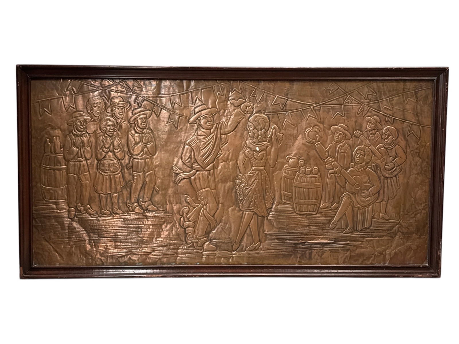 Large Chilean Repoussé Copper Wall Panel Depicting Biblical / Historical Scene, Framed: Large decorative repoussé copper wall panel attributed to Chile, featuring a richly detailed narrative scene with multiple figures in period dress, likely biblical or historical in subject. The