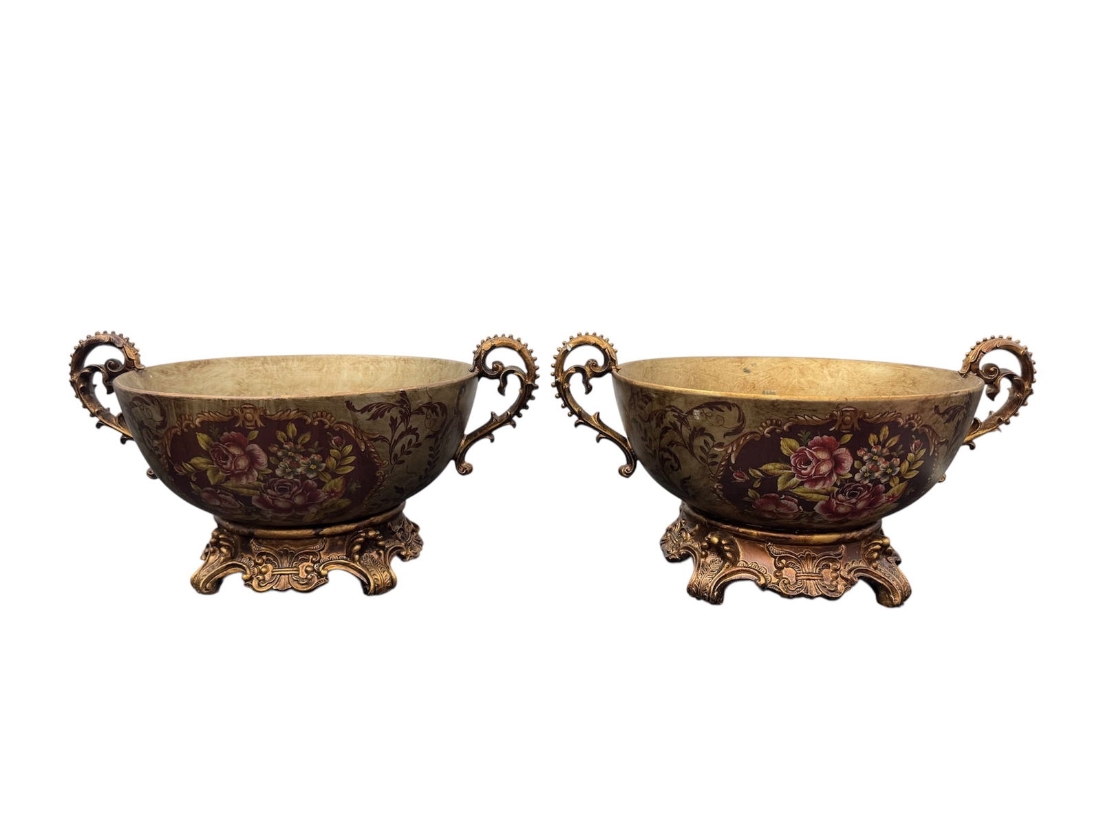 Pair of Ornate Floral Decorated Centerpiece Bowls with Scroll Handles (1 of 3)