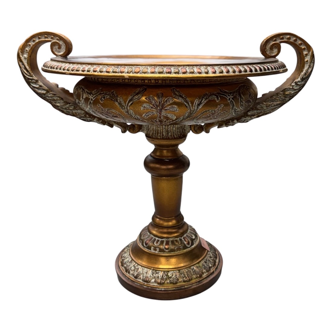 Italian Style Gilt Decorated Handled Pedestal Centerpiece Bowl: An elegant Italian style pedestal centerpiece bowl featuring a wide circular basin with elaborate gilt decoration. The bowl is flanked by large scrolling handles that extend gracefully from each side,