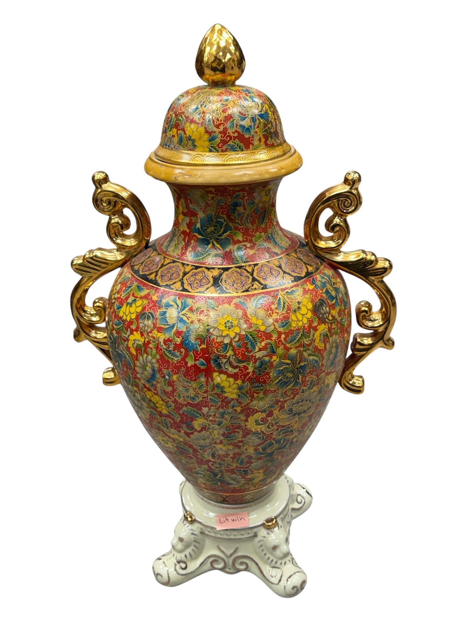 Chinese Style Cloisonne Lidded Urn with Gilt Handles (1 of 4)