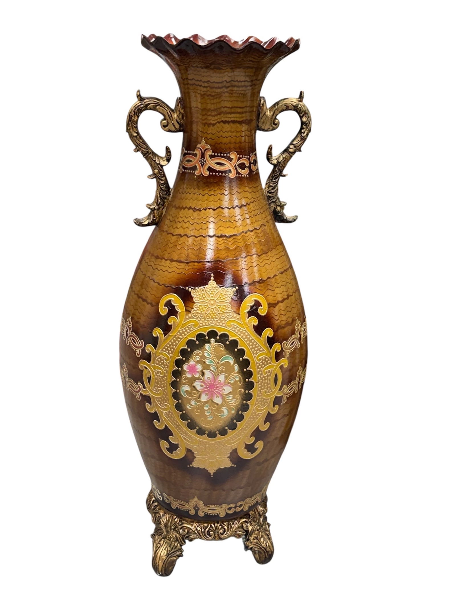 Monumental Italian Style Decorated Floor Vase with Gilt Handles (1 of 4)