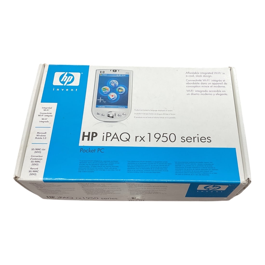 HP iPAQ rx1950 Series Pocket PC with Box and Accessories: This HP iPAQ rx1950 series Pocket PC is offered with its original retail box and accessories, including power adapter, cables, documentation, and protective case, as shown. Designed as a compact perso