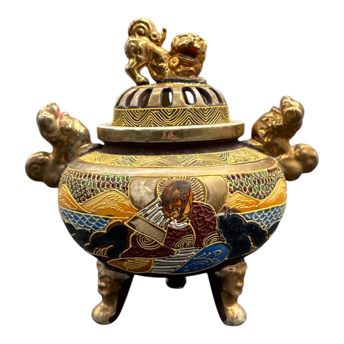 RARE Antique Japanese Satsuma Koro Incense Burner Meiji Period Hand-Painted w/ Foo Dog Finial (1 of 4)