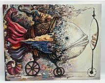 Surreal Abstract Painting Signed "Darwin": Captivating surrealist acrylic painting signed “Darwin,” portraying an armored helmet-like form fused with intricate textures, abstract figures, and symbolic machinery. A hand above contro