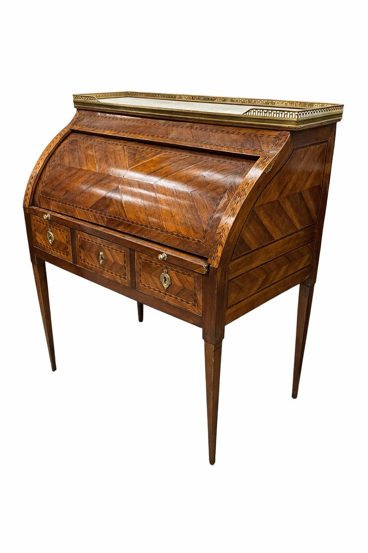 Louis XVI-Style Cylinder Roll-Top / Secretary Desk: This item is a Louis XVI-style cylinder roll-top desk, also known as a bureau à cylindre. The desk appears to be late 19th or early 20th century in date, which is a period when these