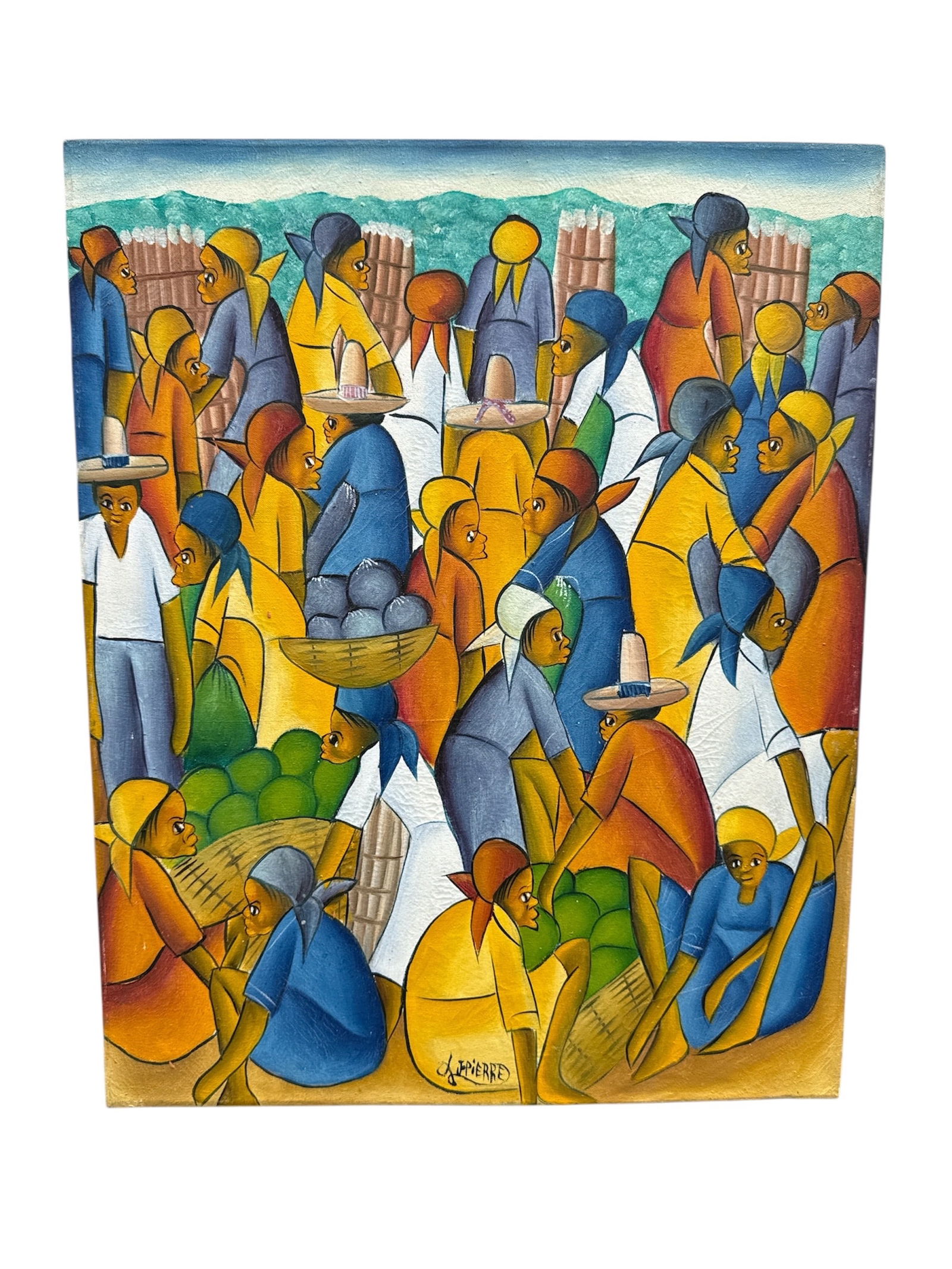 Signed J. Pierre Haitian Market Scene Painting: Vibrant figurative painting depicting a bustling market scene rendered in bold, saturated colors and stylized forms. The composition features a lively gathering of figures carrying baskets and goods,