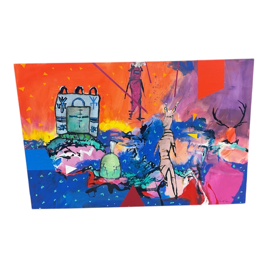 Effigy Emergence Hal Larsen: Mixed media painting on canvas presenting an expressive abstract figurative composition with symbolic forms and vivid color fields. The scene features stylized figures and organic shapes emerging