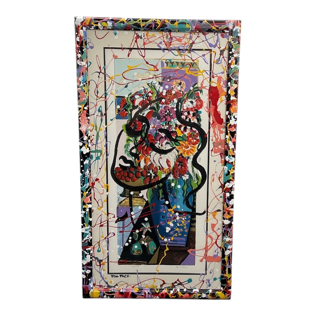 Abstract Figurative Composition Fernando Fernandez: Mixed media composition on paper featuring a central stylized figure surrounded by energetic splatter and linear gestures in vivid multicolor tones. The layered surface combines graphic structure