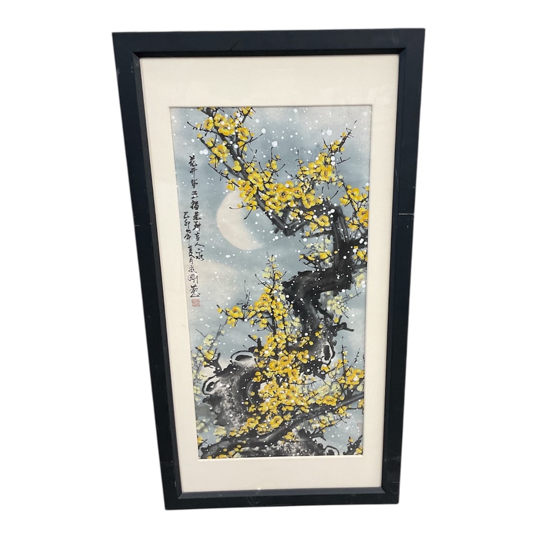 Moonlit Blossoms Asian Style Framed Art Print: Vertical composition depicting a flowering tree in full bloom beneath a luminous moon, rendered in an East Asian–inspired style. The scene features delicate yellow blossoms set against a softly
