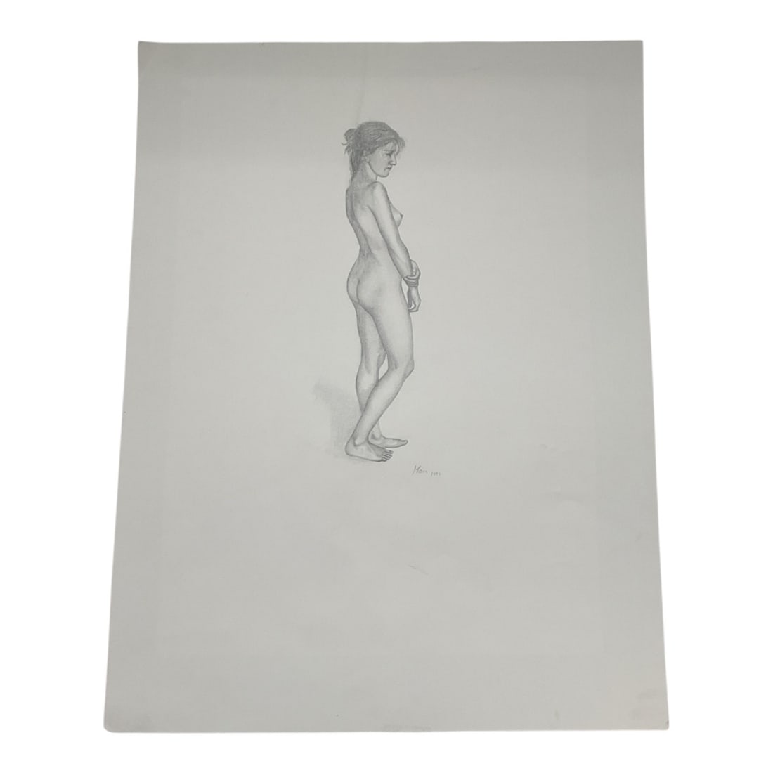 Standing Nude Figure by Mora 1997 Drawing: Figurative drawing dated 1997 by Mora, depicting a standing nude figure rendered with careful attention to anatomy, proportion, and balance. Executed in graphite, the composition emphasizes subtle