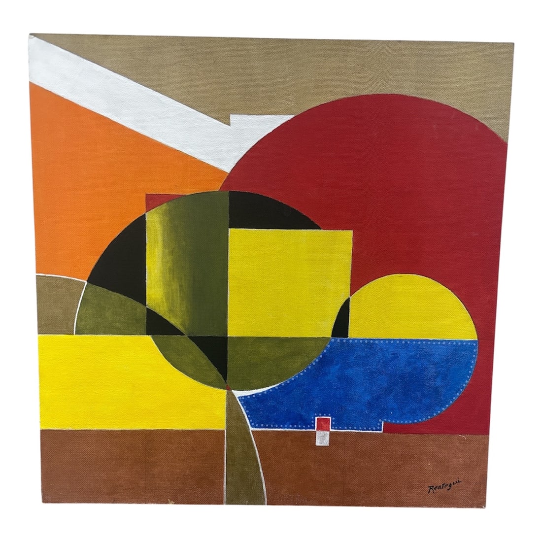 Bold Abstract, Signed, Reategui: Style: Modern Abstract or Geometric AbstractionAesthetics: Dynamic composition, vibrant and contrasting color palette (primary and secondary colors), use of both curved and angular