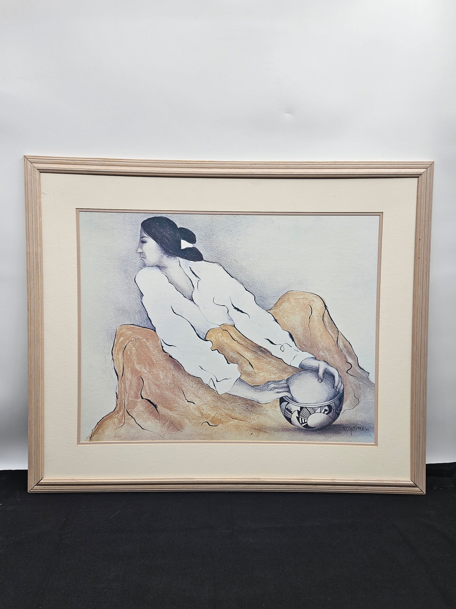 "Pottery Keeper" by R.C. Gorman (American, 1935-2005) Lithograph: Description: A lithograph by renowned Navajo artist R.C. Gorman depicting a stylized woman with a white bird, rendered in Gorman’s signature soft, flowing lines and muted earth tones.