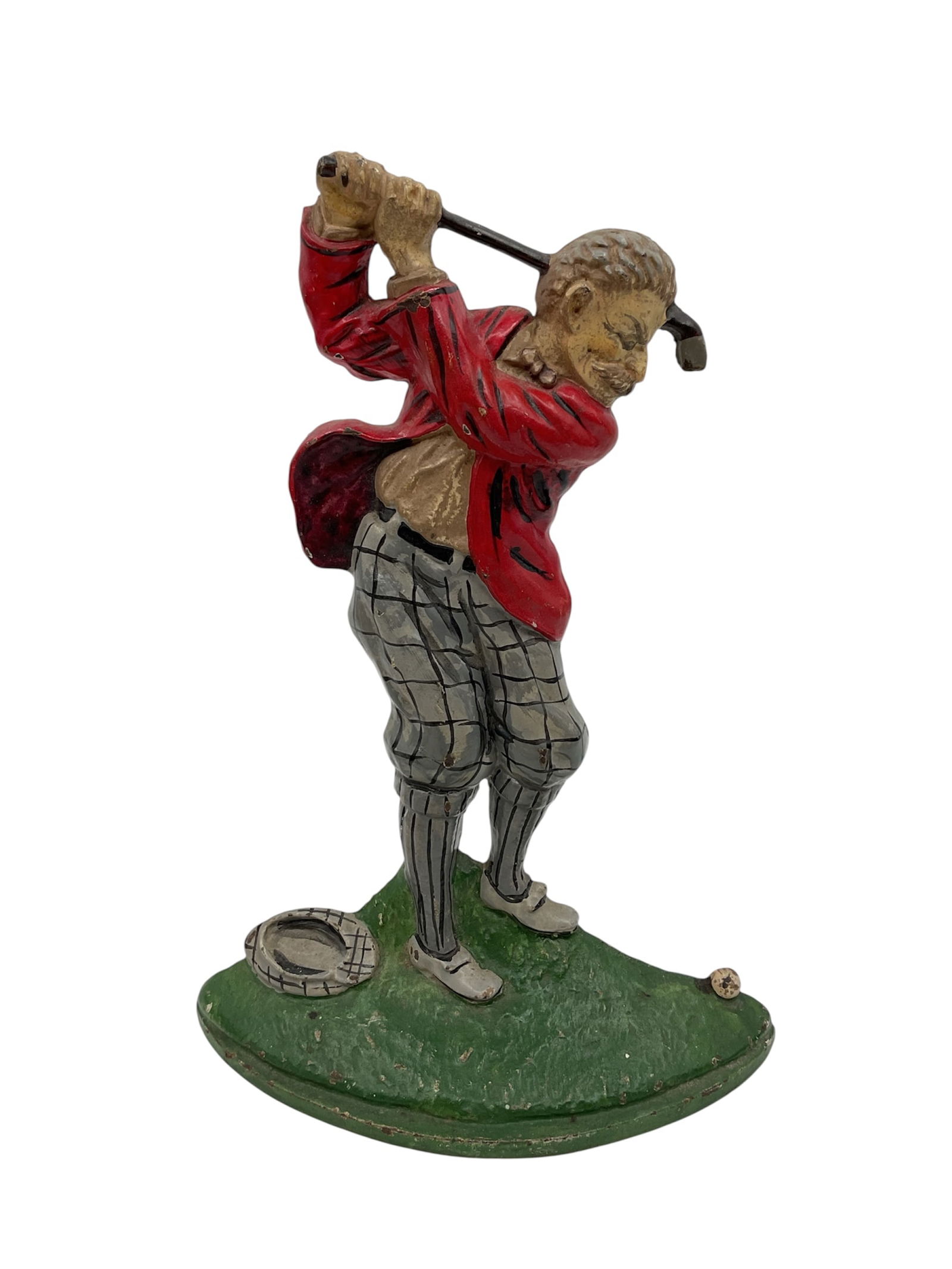 Vintage Hubley Cast Iron Golfer Doorstop: Classic vintage Hubley cast iron golfer doorstop dating to the 1920s or 1930s, depicting a male figure in traditional knicker golf attire and red jacket mid swing. The golfer stands poised over a