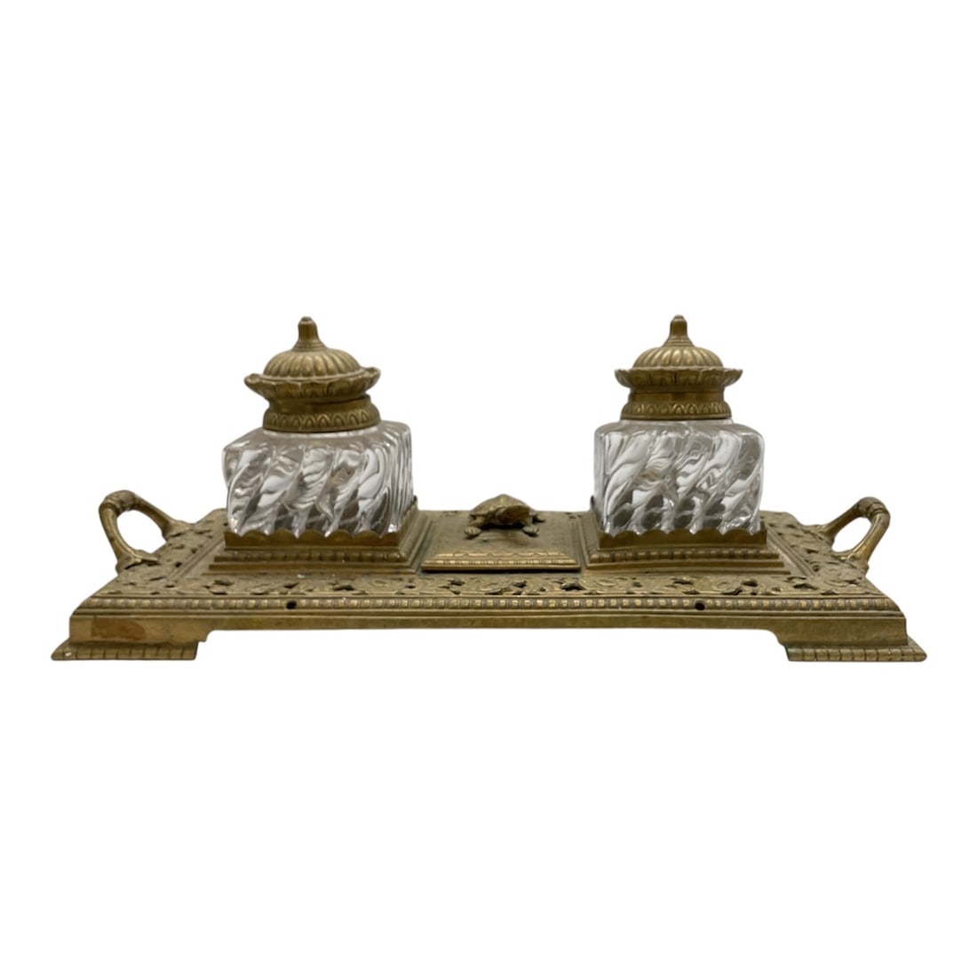 Antique Brass Double Inkwell Desk Stand with Cut Glass Inserts (1 of 4)