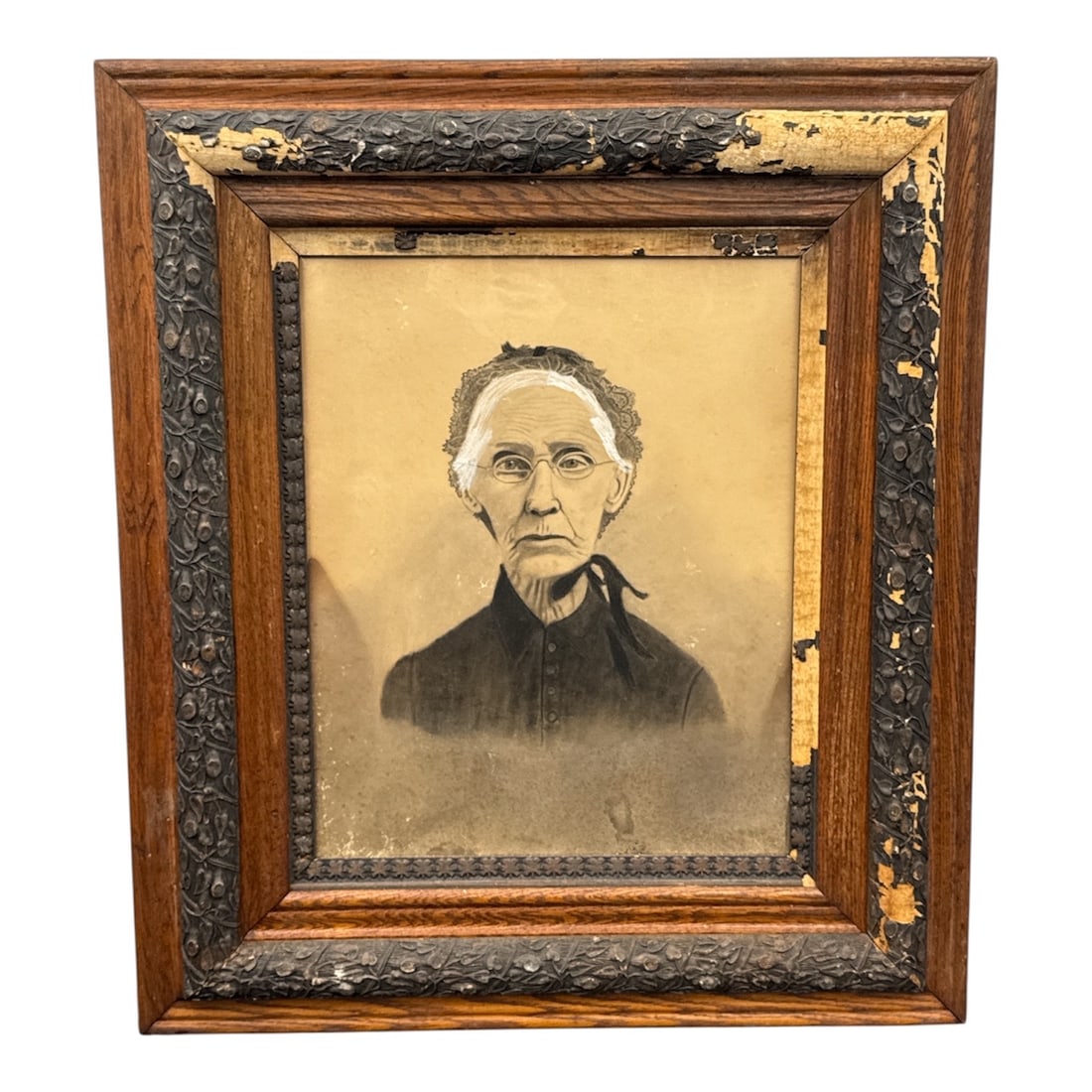 19th Century Folk Portrait of Elderly Woman Framed Print: Framed 19th century style portrait depicting an elderly woman in dark period dress with center-parted hair and a solemn expression. The image is rendered in a simple, direct folk-art manner with muted