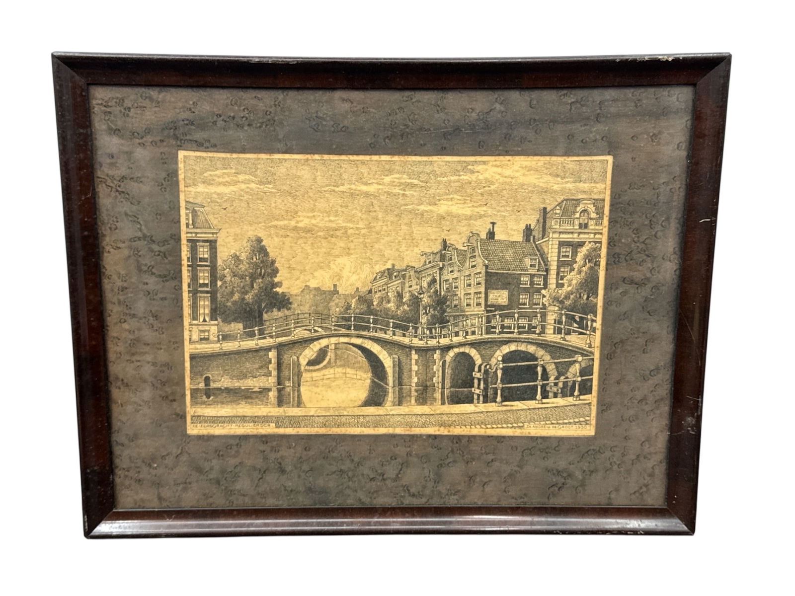 Dr. Andre J. De Groot Keizersgracht Reguliersgracht 1930 Framed Etching: Framed architectural etching titled Keizersgracht Reguliersgracht, signed in the plate Dr. Andre J. De Groot 1930. The