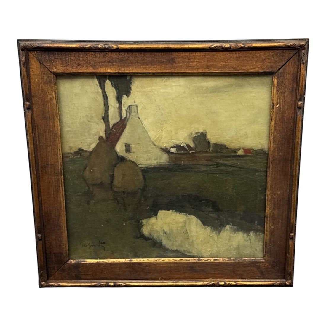Impressionist Landscape Oil Painting Signed: Framed oil on board depicting a moody rural landscape scene with farmhouse, trees, and reflective water in the foreground. The composition features muted earthy tones and expressive brushwork characte