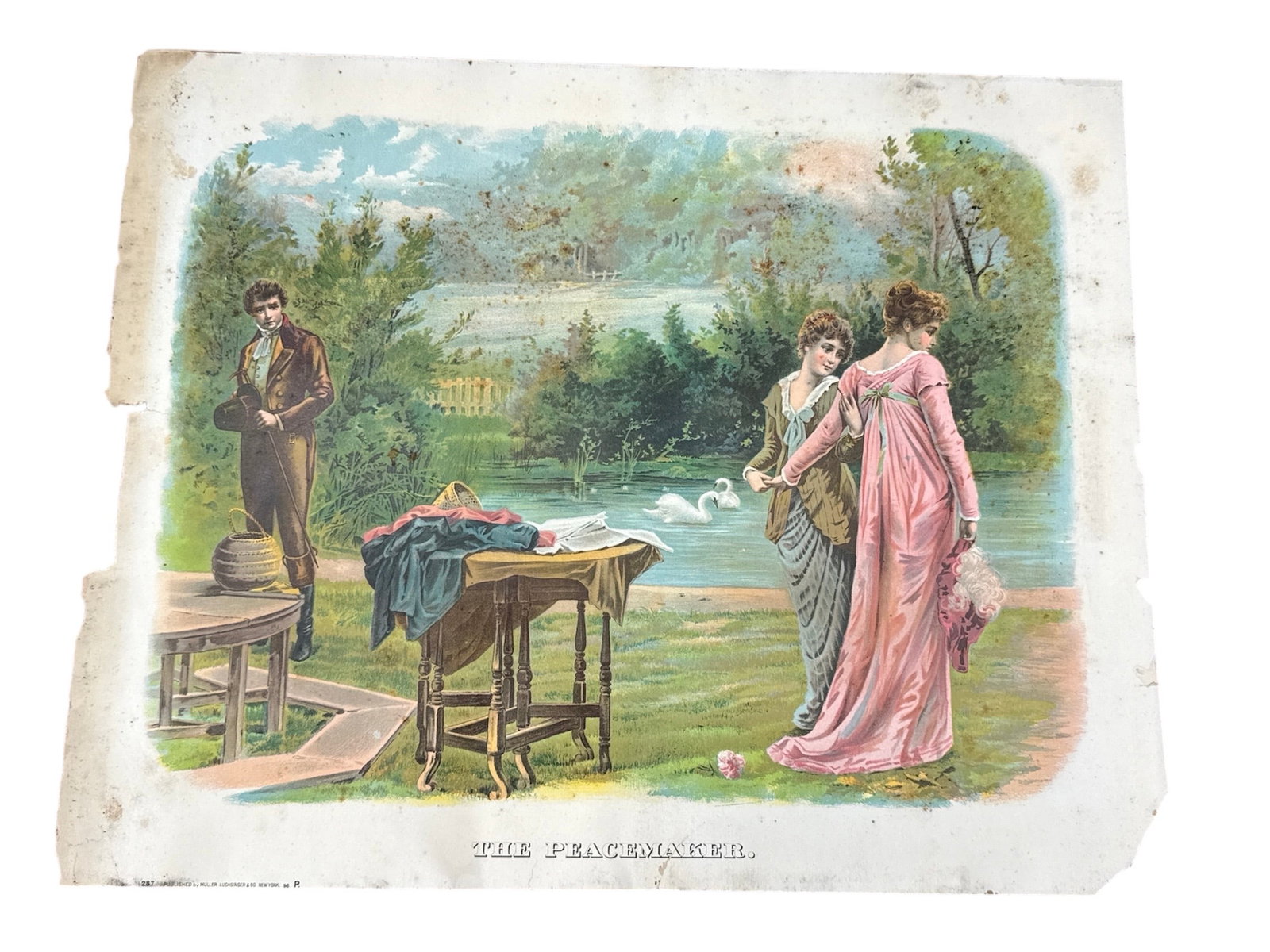 The Peacemaker Hand Colored Victorian Genre Print: Offered is a decorative Victorian hand colored print titled The Peacemaker. The scene depicts a pastoral outdoor setting with elegantly dressed figures in period attire gathered in a narrative moment