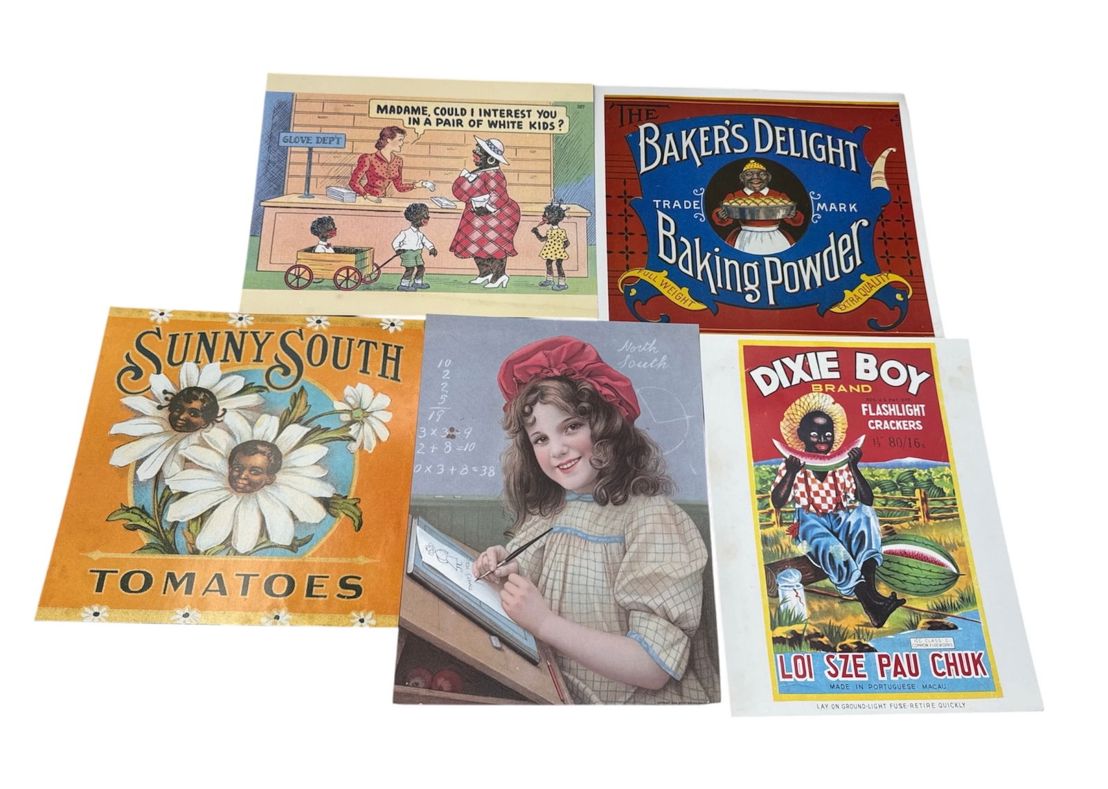 Collection of Five Vintage Advertising Reproduction Prints Sunny South Baker's Delight Dixie Boy: Offered is a collection of five vintage style advertising reproduction prints featuring colorful retro commercial graphics. Included are Sunny South Tomatoes with bright floral imagery, Baker's De