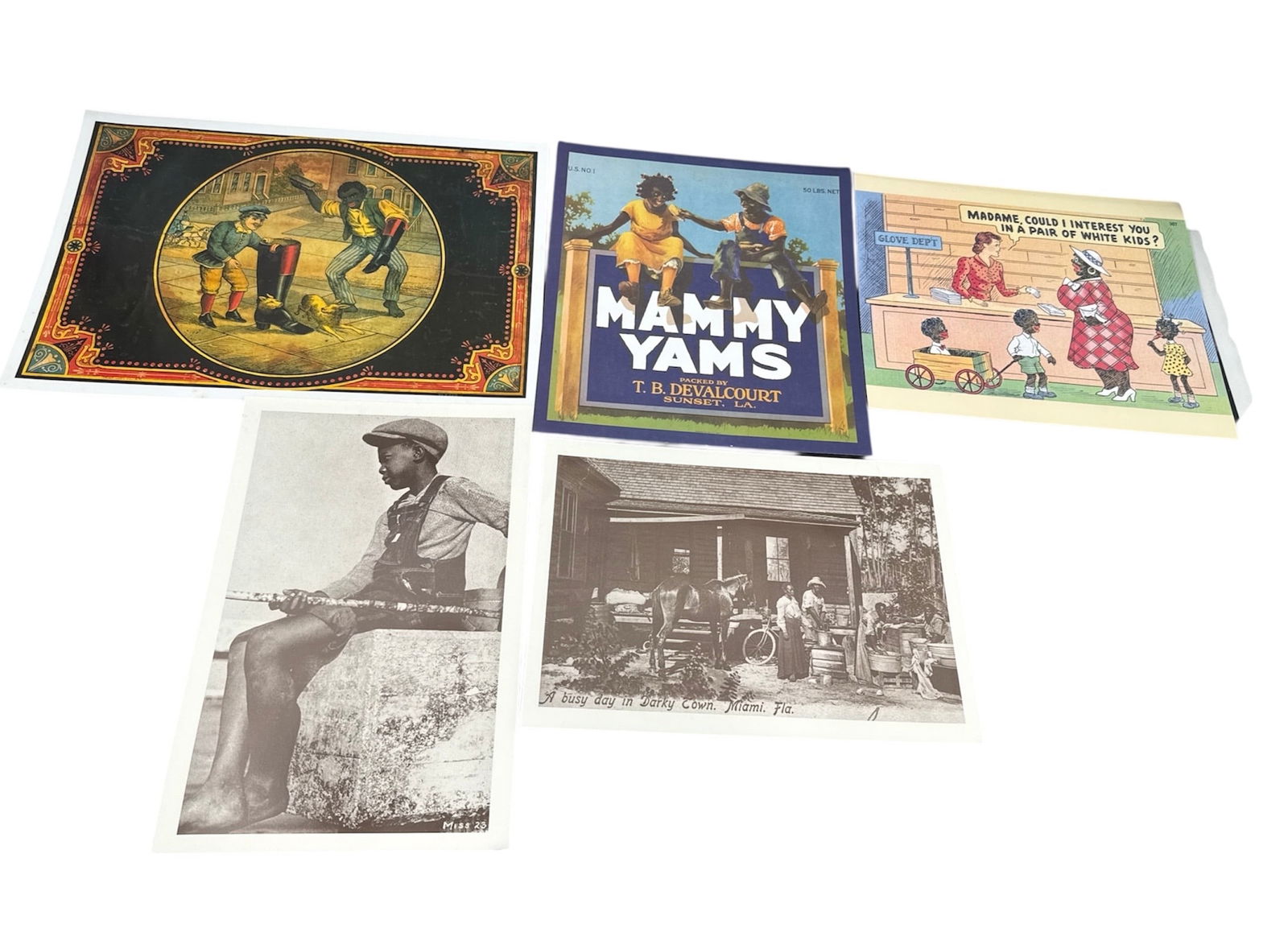 Collection of Five Vintage Advertising and Historical Reproduction Prints Mammy Yams Black Americana: Offered is a collection of five vintage style reproduction prints featuring colorful advertising graphics and historical imagery. Included is a bold Mammy Yams The Finest design, additional early adve
