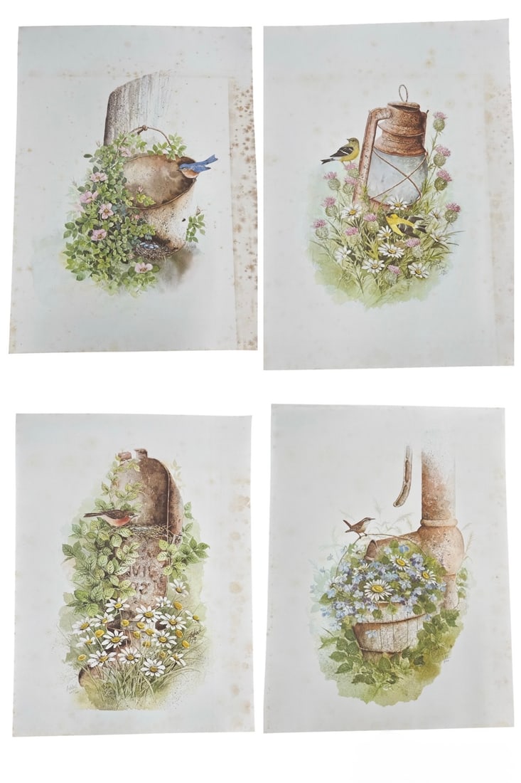 Set of Four Ashlock Limited Edition Botanical Prints: Offered is a charming set of four limited edition botanical prints by Ashlock. Each composition features delicate floral arrangements and garden elements including daisies, clover, rustic wooden posts