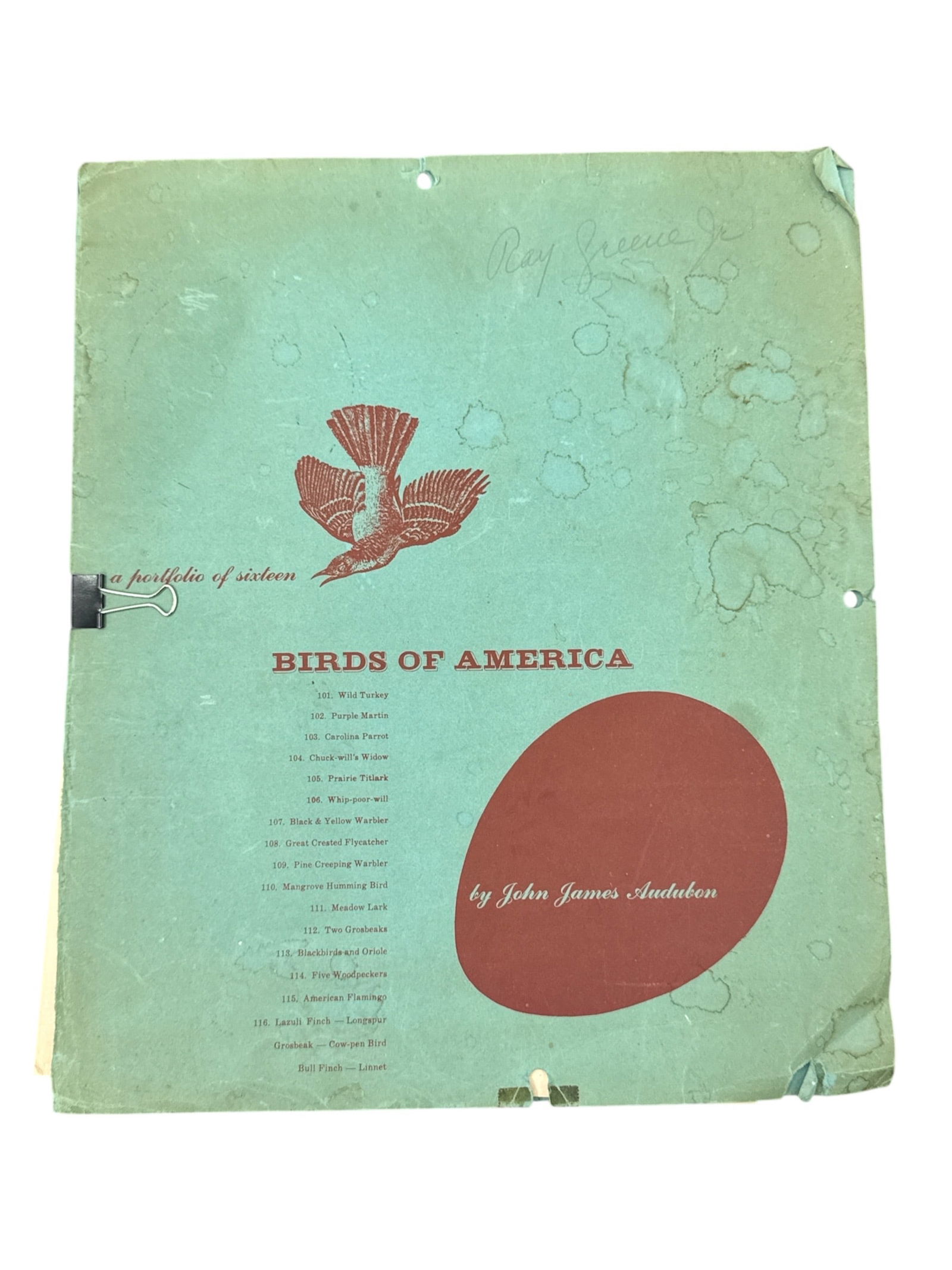 Birds of America Portfolio After John James Audubon with Sixteen Prints: Offered is a Birds of America portfolio containing sixteen ornithological prints after the celebrated works of John James Audubon. The portfolio cover features a stylized bird design and printed title