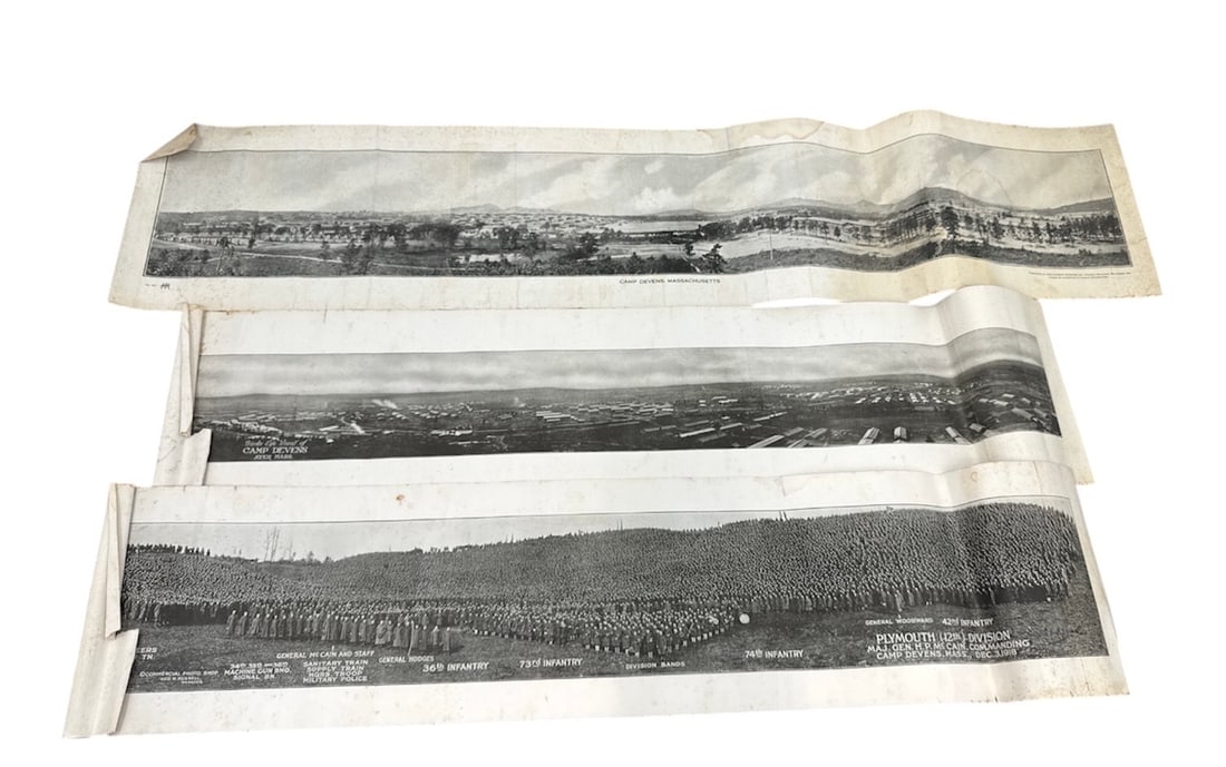 Set of Four Antique Panoramic Cityscape Prints: Offered is a set of four antique panoramic cityscape prints rendered in detailed black and white engraving style. Each elongated composition captures expansive urban and waterfront views, featuring de