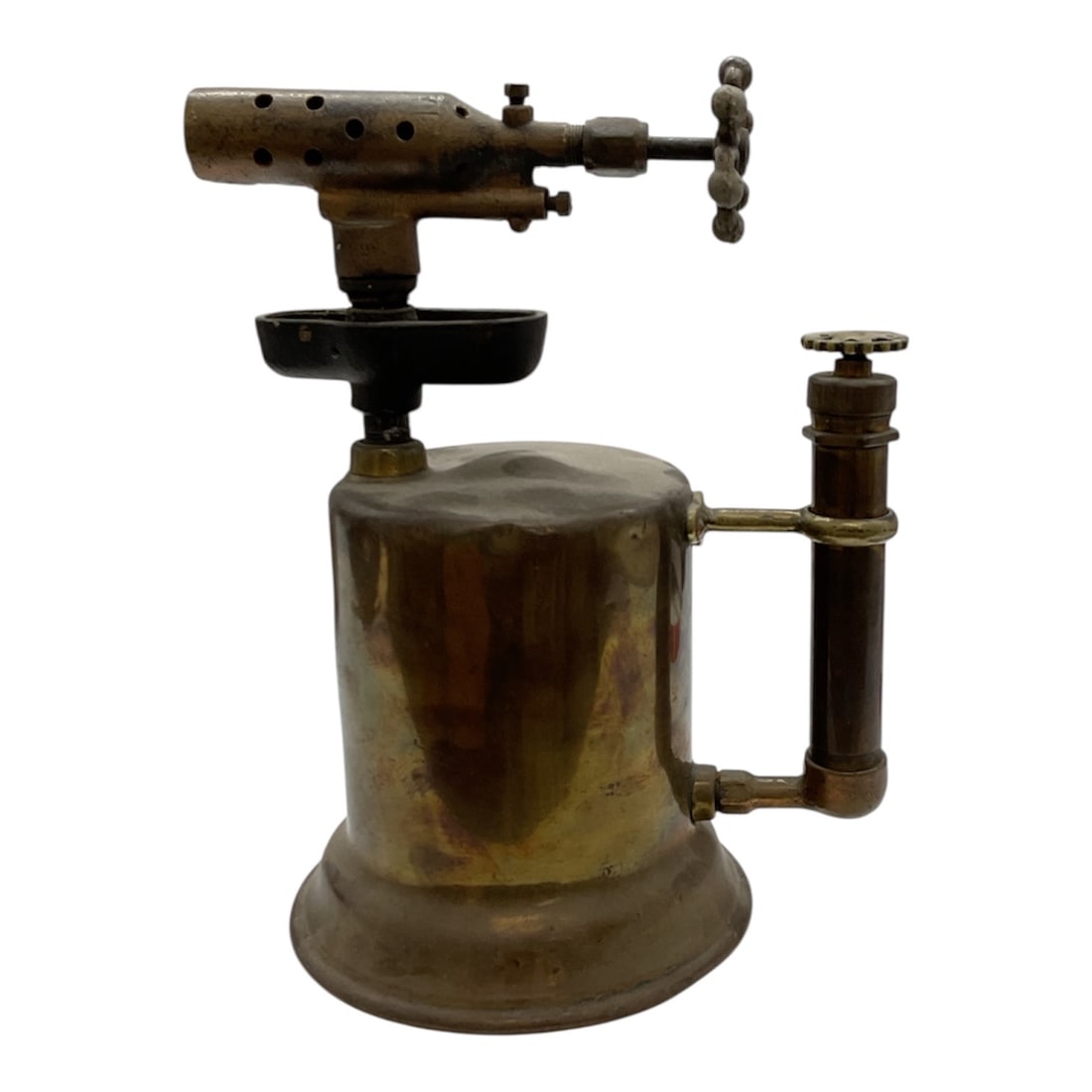 Antique Brass Blowtorch: This is a classic antique/vintage gasoline blowtorch, a staple industrial tool from the early 20th century typically used by plu