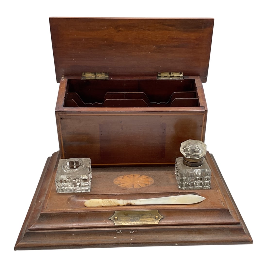 Fine Antique English Desk Standish and Stationery Cabinet,: Fine Antique English Desk Standish and Stationery Cabinet, likely dating from the late 19th-century Victorian to early 20th-century Ed