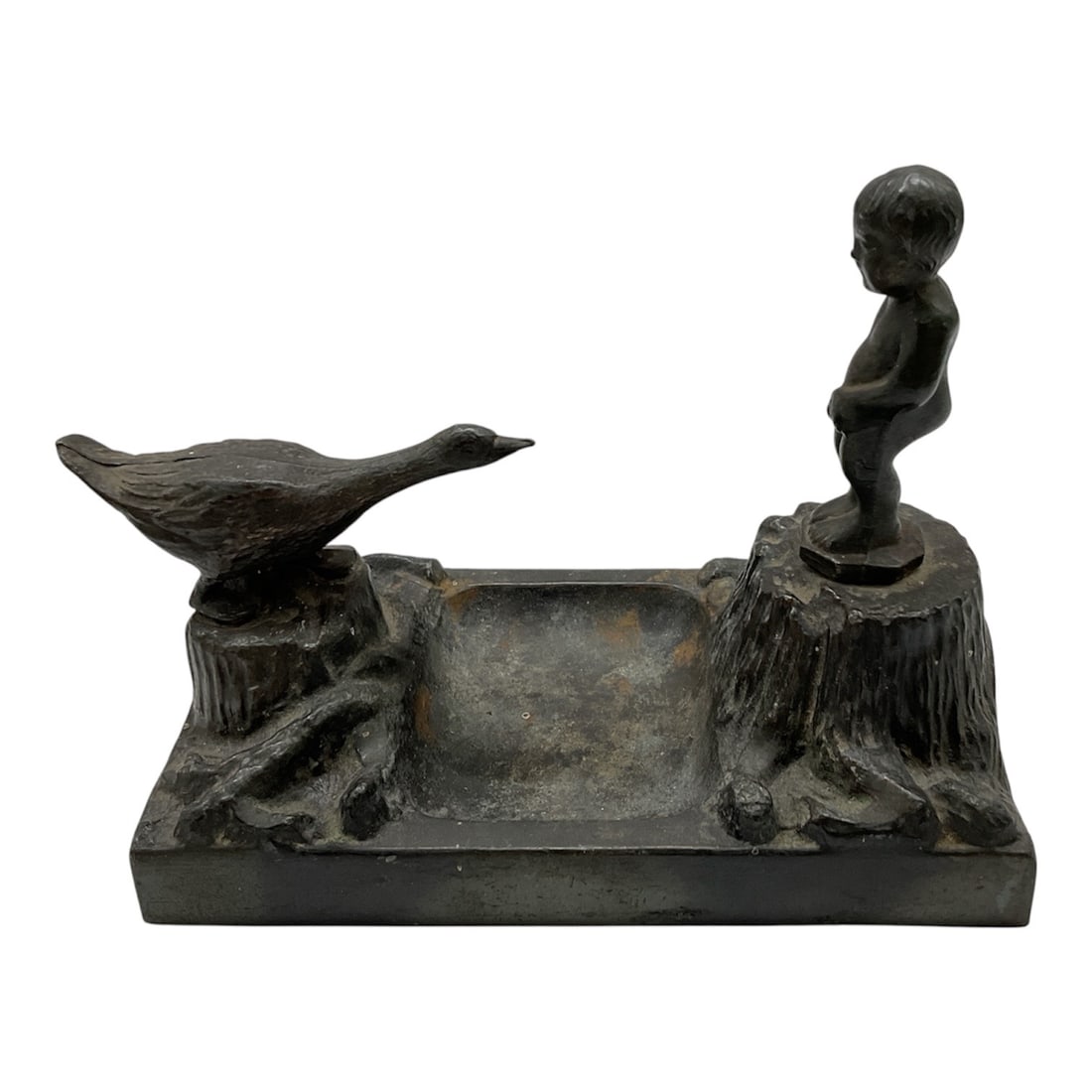 Antique Patinated Bronze Figural Desk Set / Catchall: Subject: A charming figural group depicting a young boy and a duck standing on tree-stump pedestals.