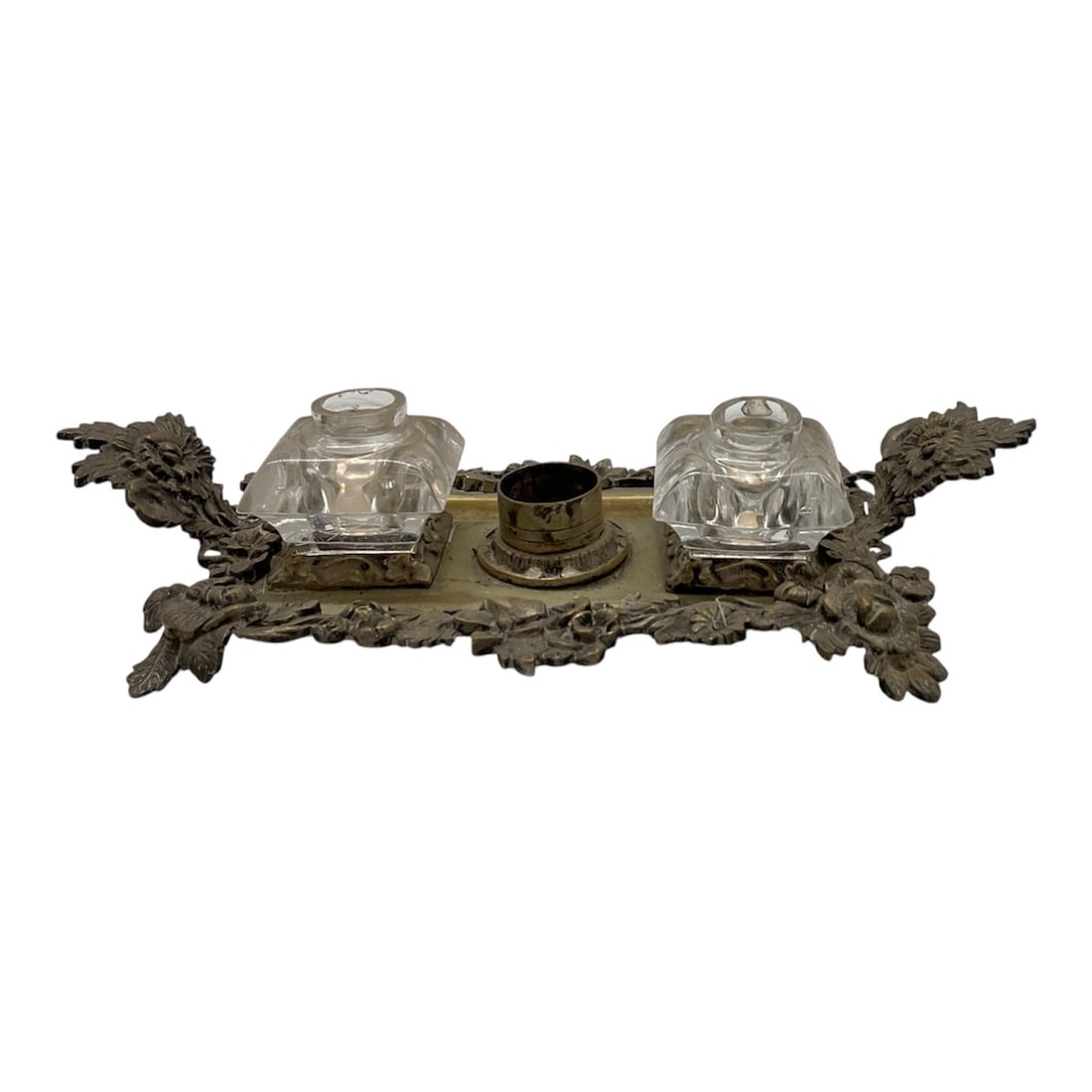 Antique Art Nouveau Double Desk Inkwell & Pen Stand – Cast Metal & Glass: Description:Th