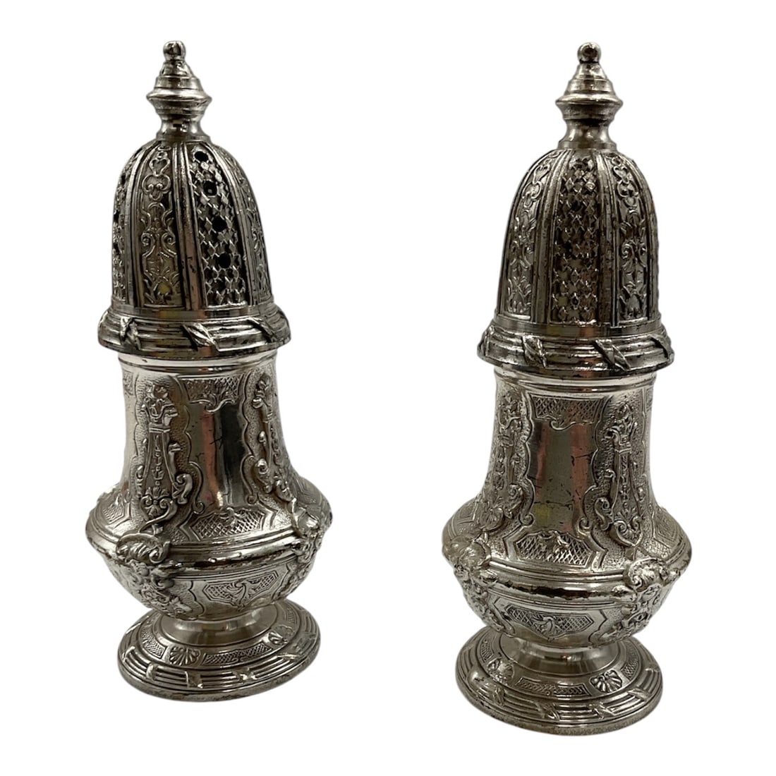 Pair of Antique Style Ornate Silver [Sterling/Plate] Sugar Casters / Muffineers (1 of 3)
