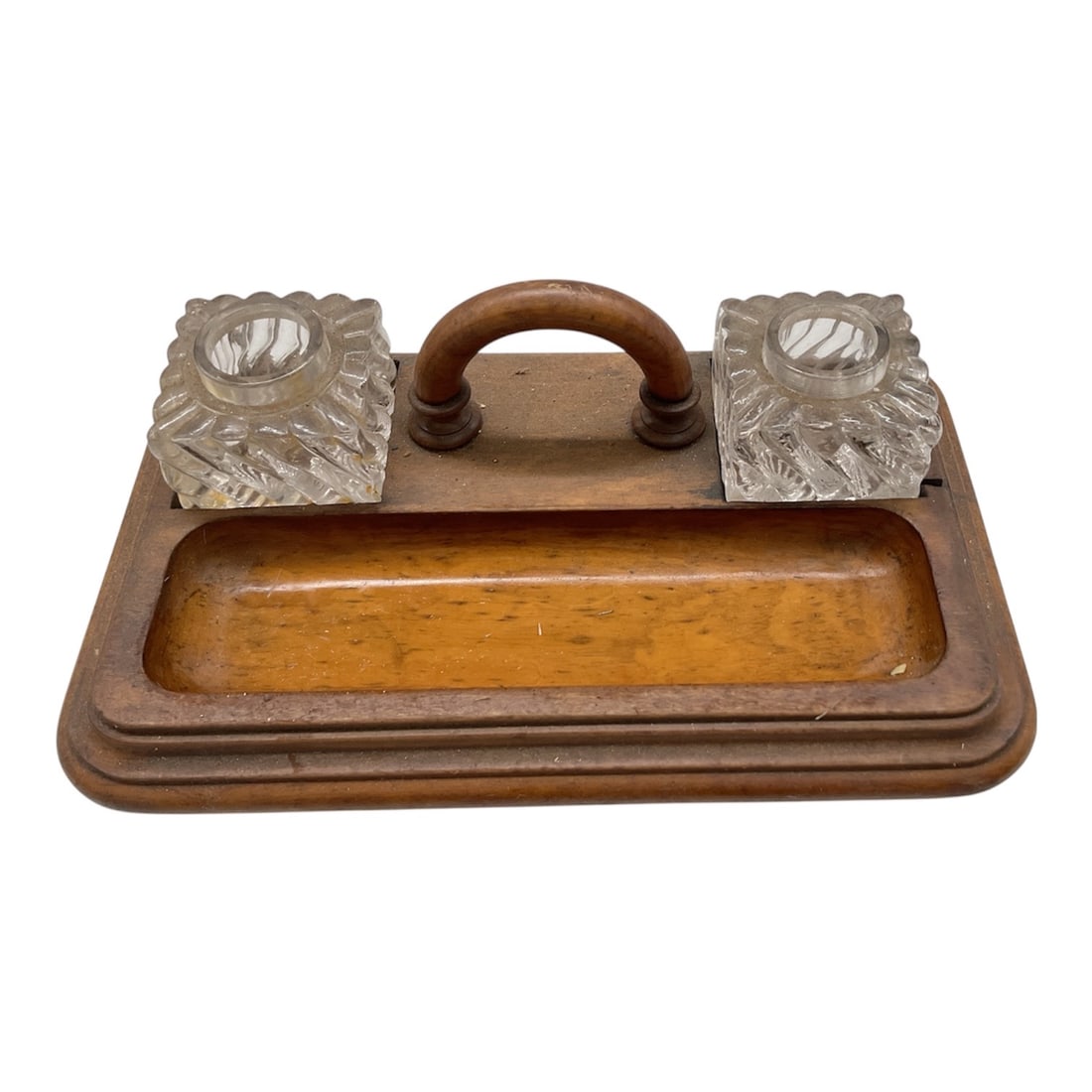 Antique Victorian-Style Double Inkwell Desk Stand: Antique Victorian-style double inkwell desk stand, also known as an inkstand or standish.