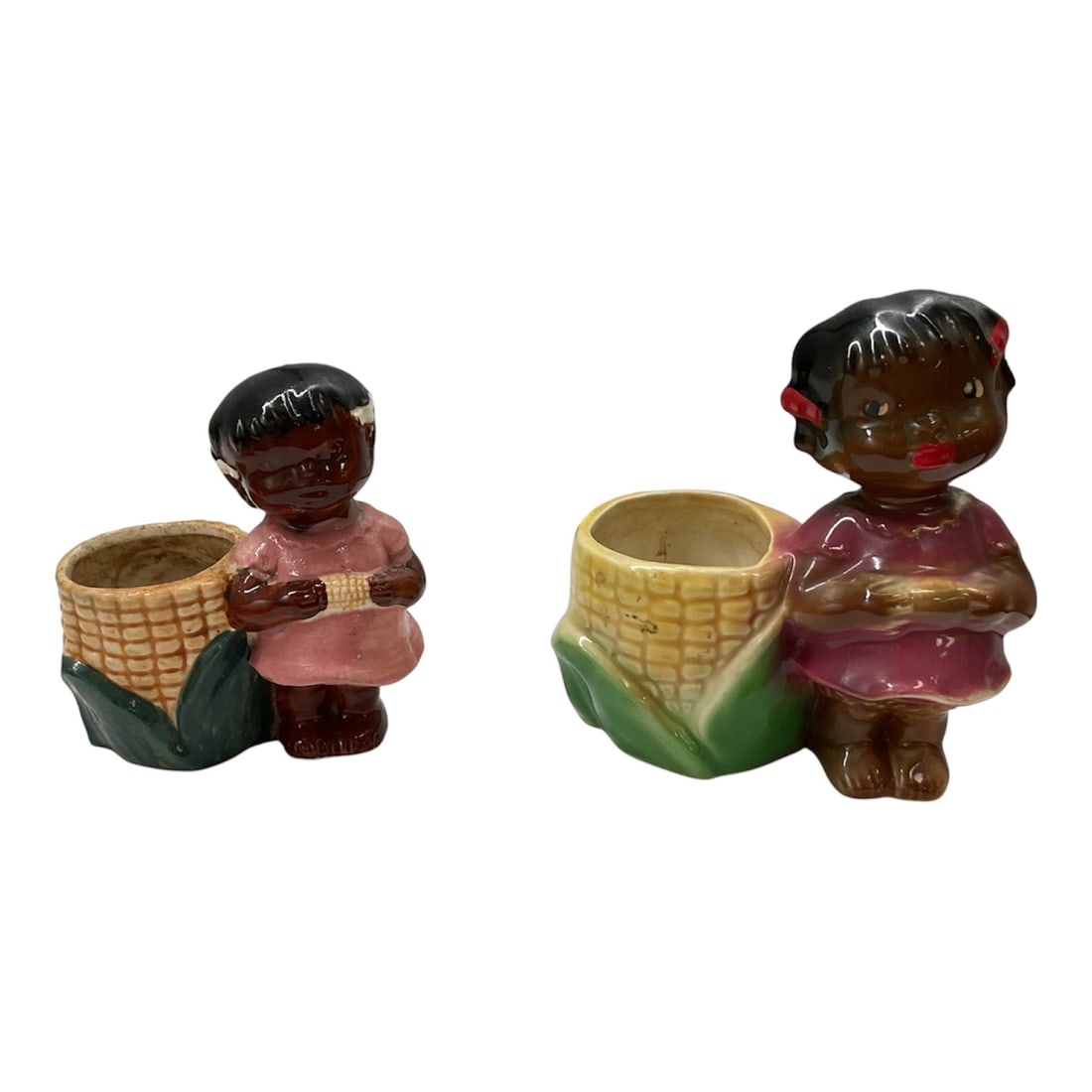 Vintage c. 1950 Ceramic Black Americana Little Girl with Corn Planter / Toothpick Holder Set.: Description: