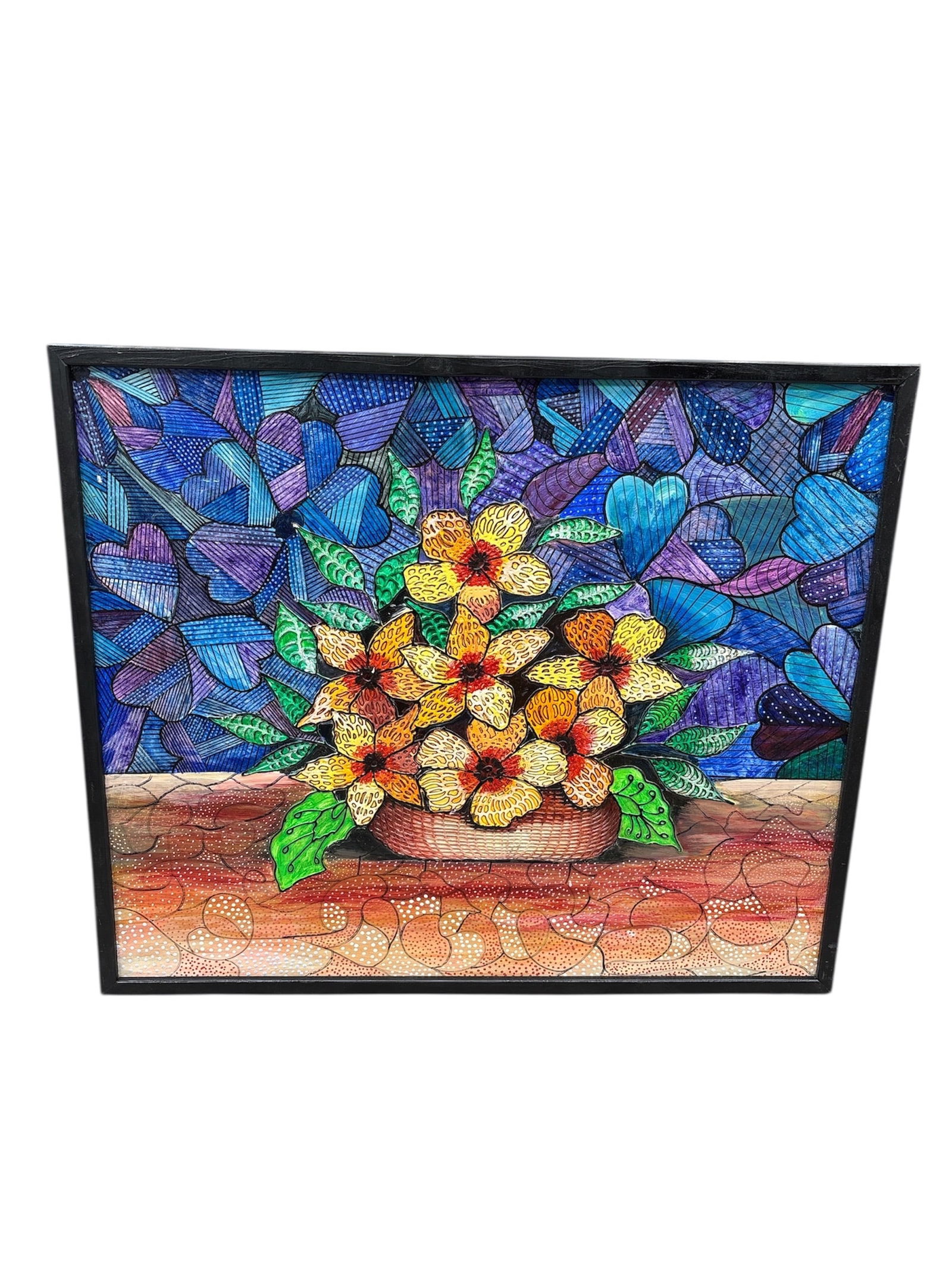 Invoke Spring: This is an original painting featuring a vibrant floral still life, executed in a unique, stained-glass or mosaic-like style. The artwork is characterized by its bold use of color,