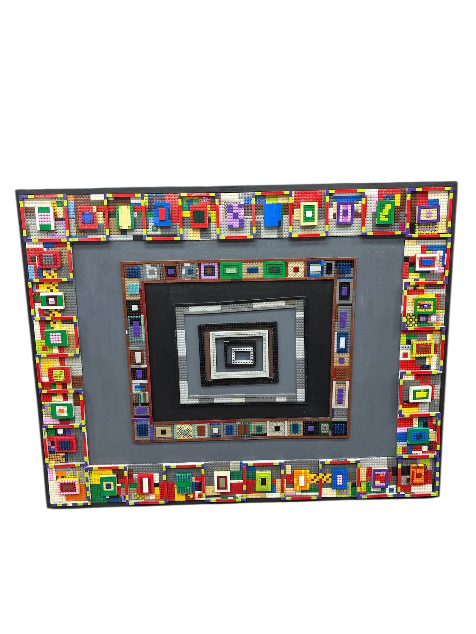 Contemporary Lego Art, Artist Unknown: This piece is a contemporary abstract artwork made from small, colorful building bricks, such as Lego bricks, likely by an artist working in that medium. The piece features an op-art or