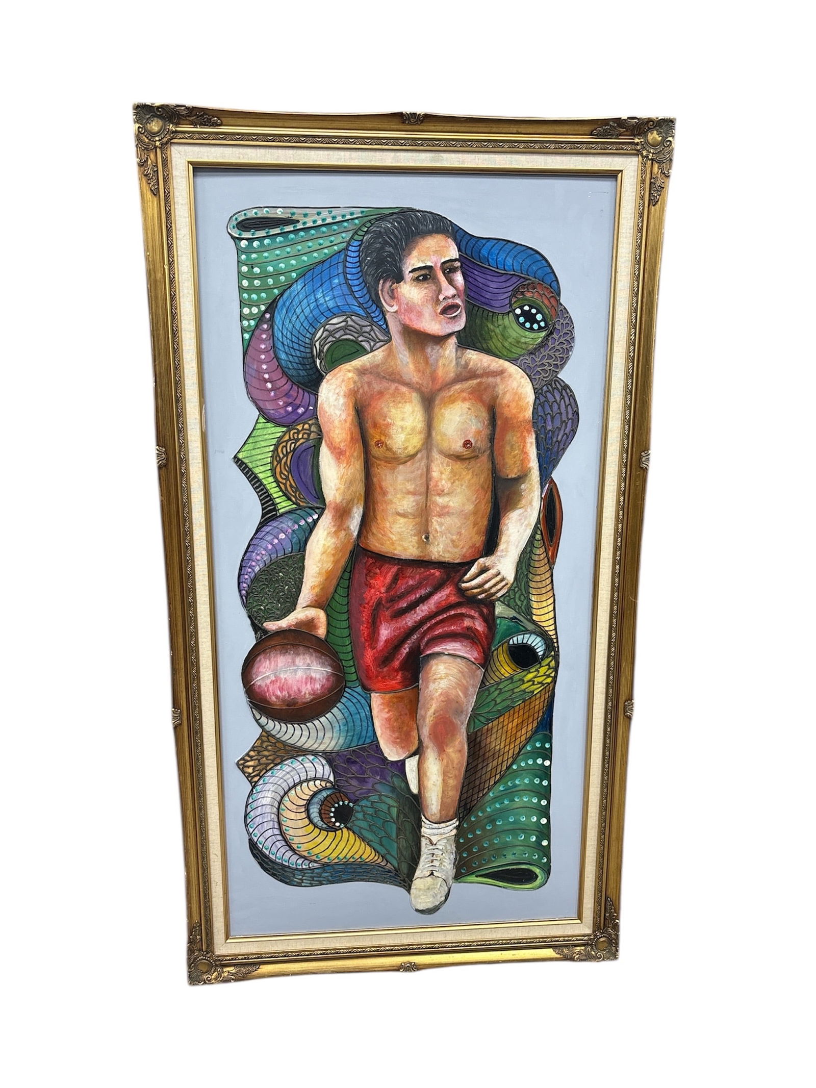 Life's a Game, Artist Unknown: This striking piece of fine art presents a dynamic male figure in a moment of athletic intensity, depicted in a bold, expressionistic style. The subject, a man with dark hair and muscular build