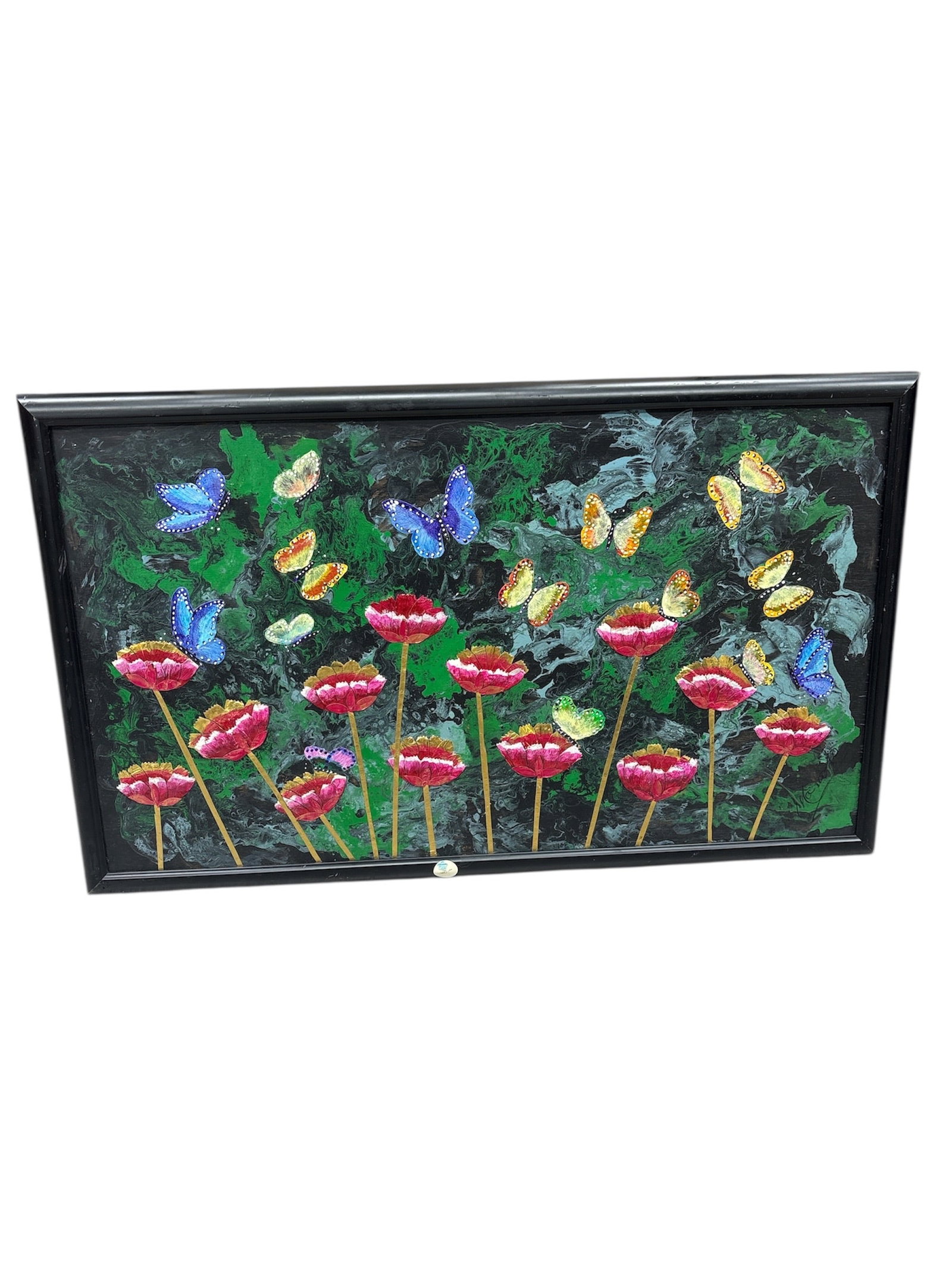 Field of Florals, Signed, Artist Unknown: Lively composition of butterflies and flowers set against a dark, expressive background. Dimensions: 50x30