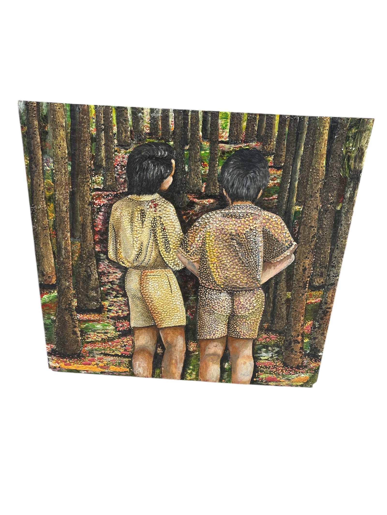Walk in the Forest:  The artwork depicts two children viewed from behind, walking in a forest rendered with heavy, textured (impasto) brushwork giving it a 3D effect. Dimensions: 36x34