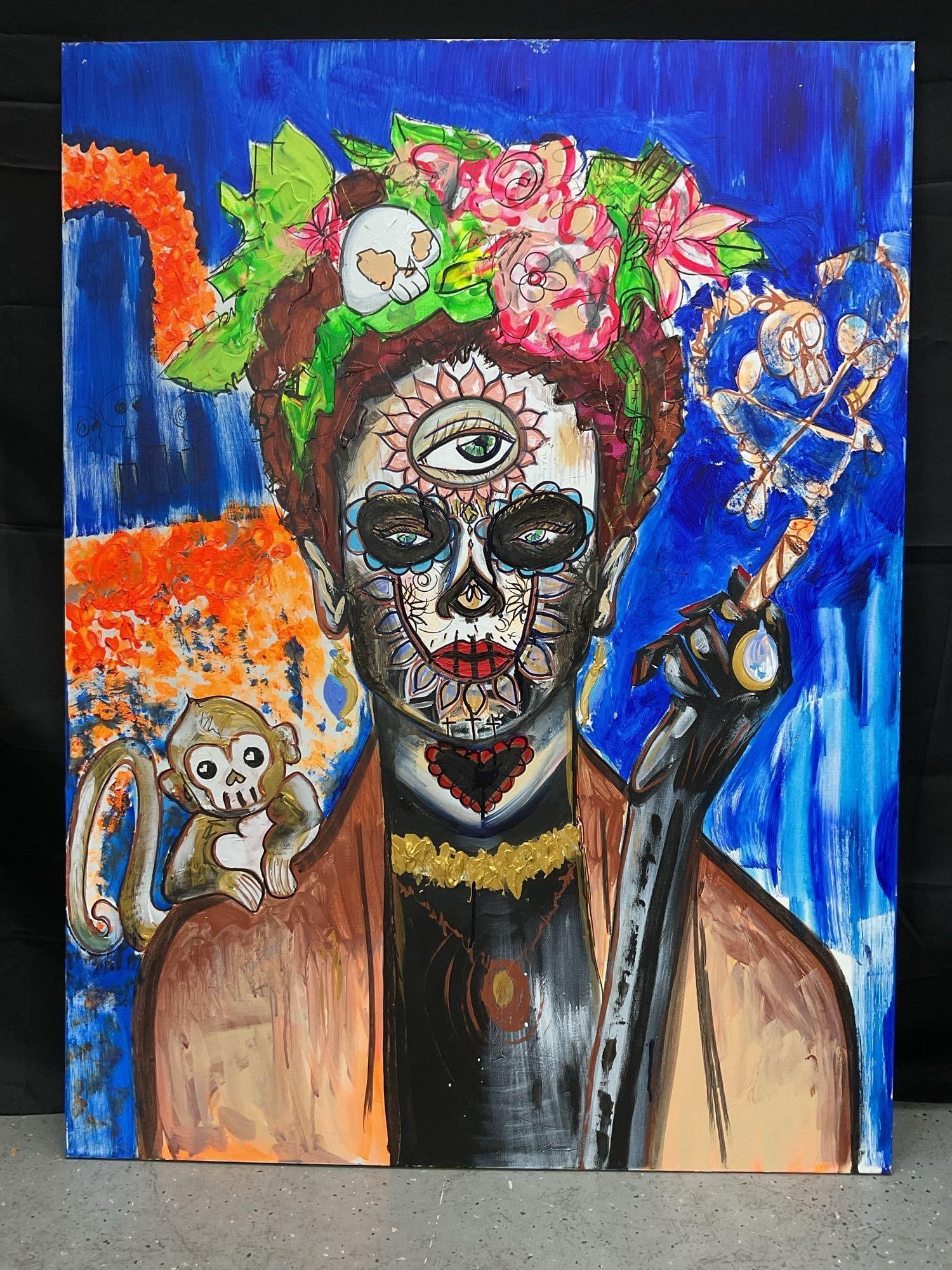 "Frida Calo Katrina" by Julia Luz Garcia (American, b.1992) Acrylic on Canvas: Bold and surreal portrait of Frida Kahlo as a Katrina figure, featuring a third eye, floral headpiece, and sugar skull motifs, with a monkey and vibrant symbolic elements.Dimensions: H48in