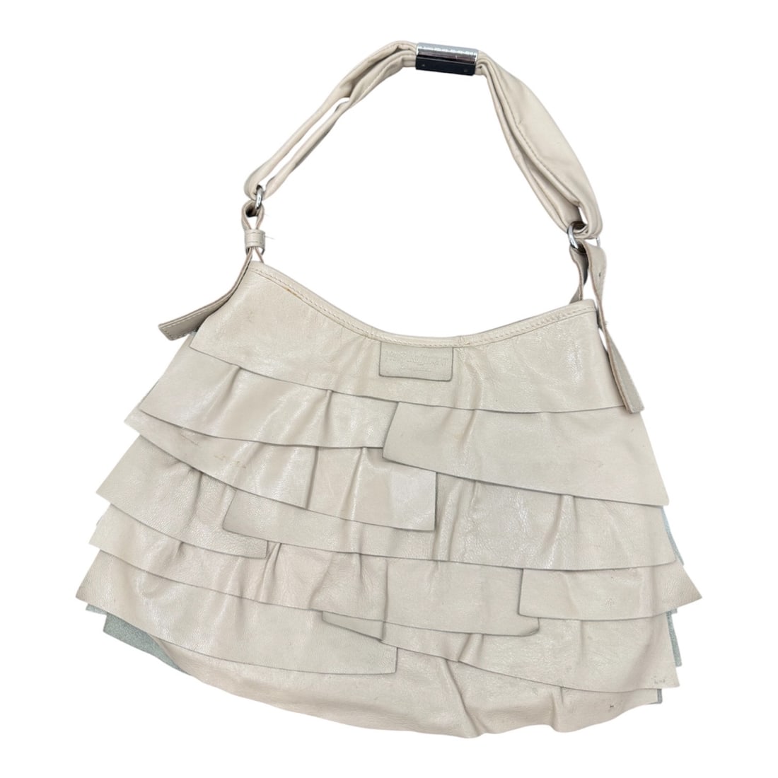 Yves Saint Laurent Rive Gauche St. Tropez White Leather Mombasa Handbag: A stylish Yves Saint Laurent Rive Gauche St. Tropez handbag crafted in white leather with distinctive overlapping fringe style inserts across the front, creating a layered textured design. The bag fea