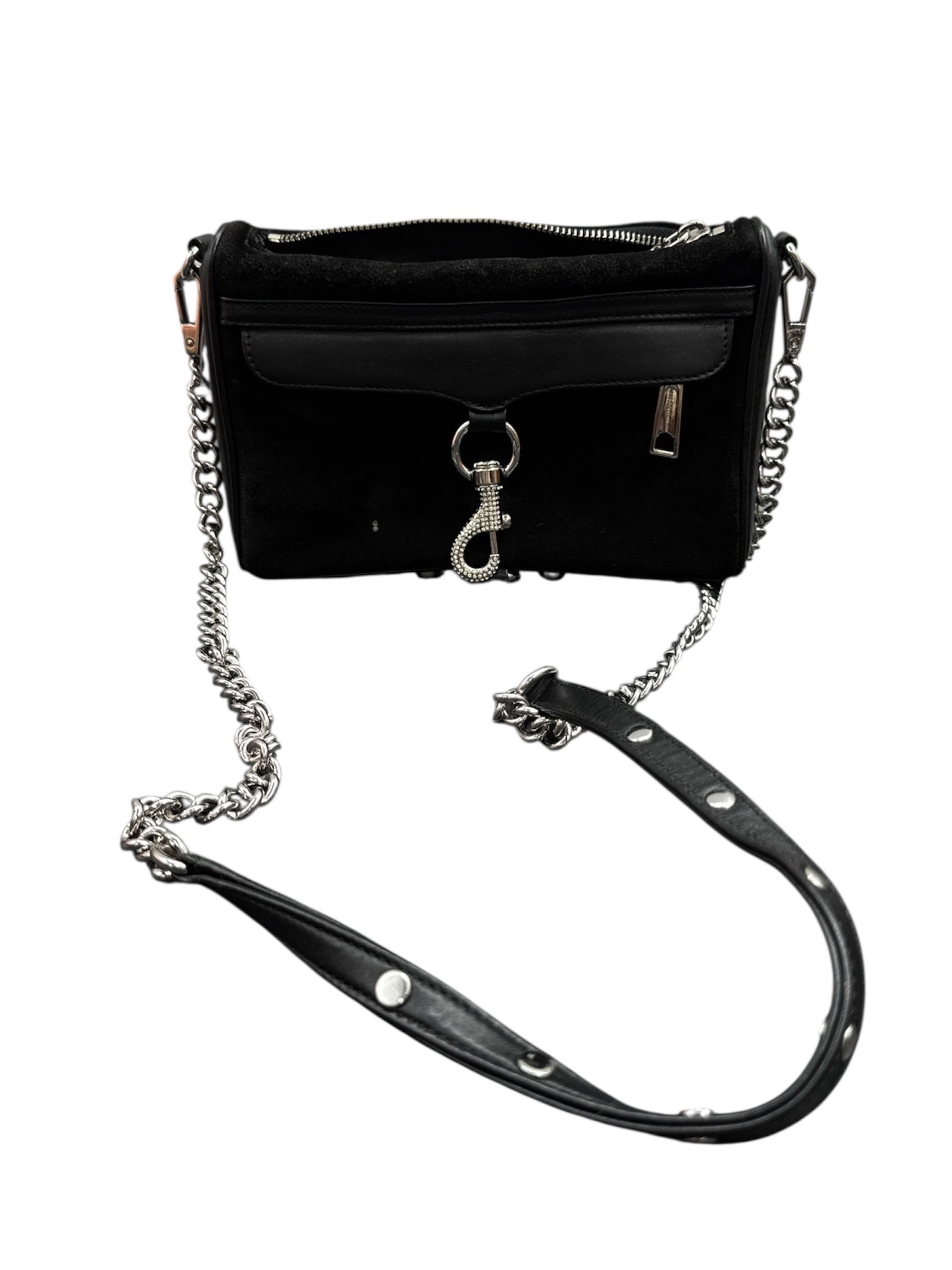 Rebecca Minkoff Black Leather Crossbody Bag with Chain Strap: This Rebecca Minkoff crossbody bag is crafted from black leather and features a compact, structured silhouette accented with silver-tone hardware. The design includes a chain-link shoulder strap with