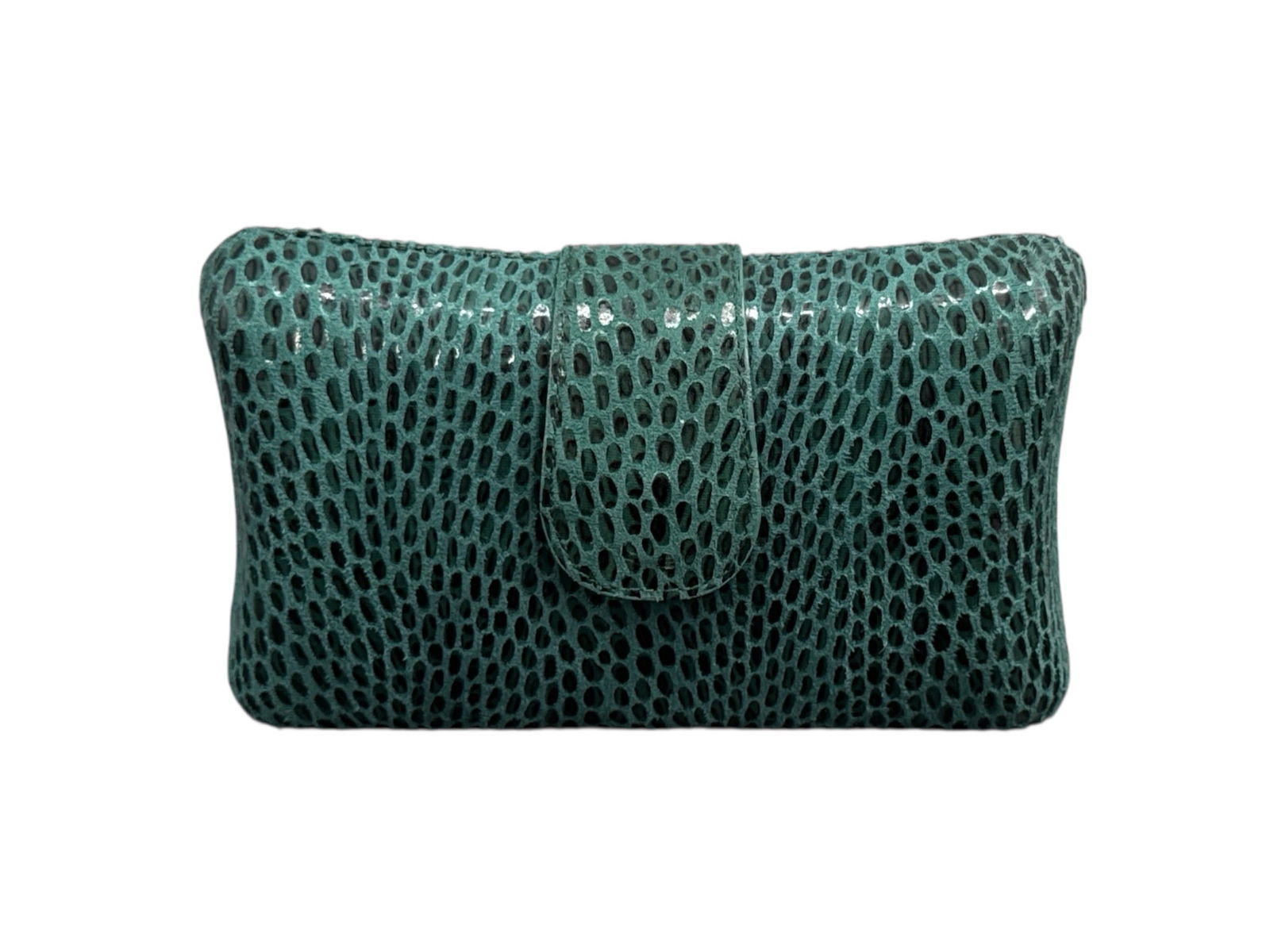 Green Textured Leather Clutch with Fold-Over Flap: This stylish clutch is crafted from textured green leather with a reptile-inspired pattern, offering a sleek and structured silhouette. The design features a fold-over flap closure and a spacious inte