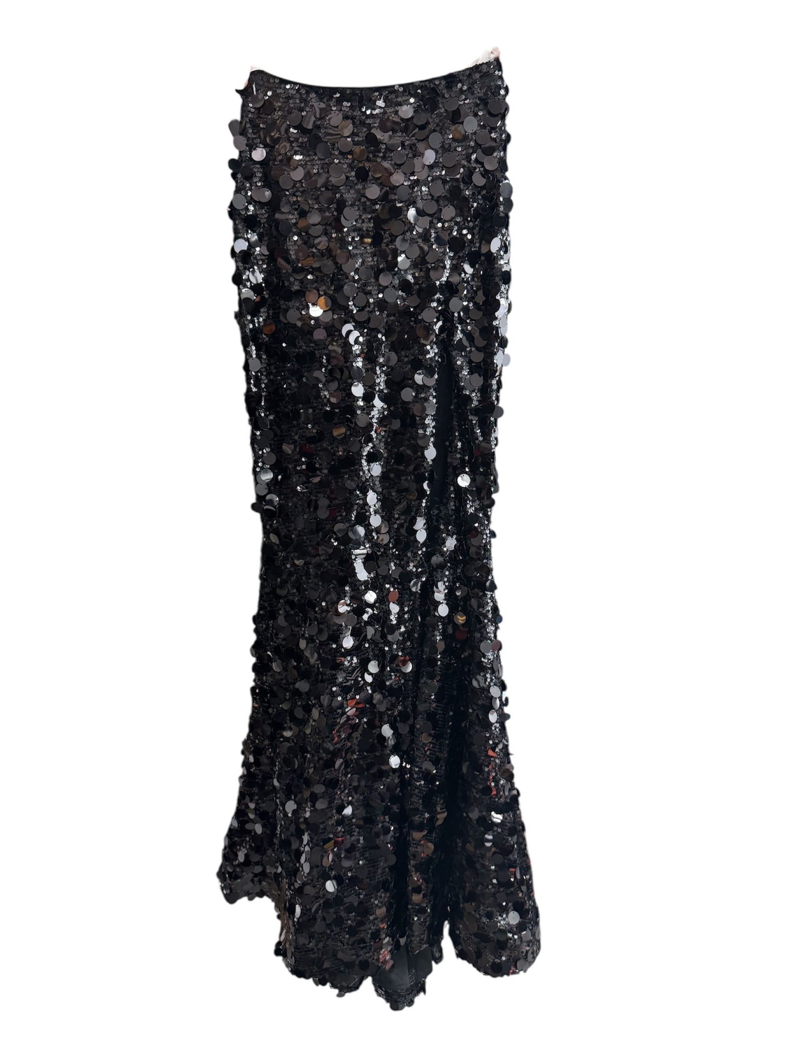 Ava Presley Black Beaded Strapless Evening Dress/Skirt Size 8: A dramatic black strapless evening dress or skirt by Ava Presley, richly embellished with dense hand beading and sequins that create a striking shimmering surface. The dress features a fitted straples