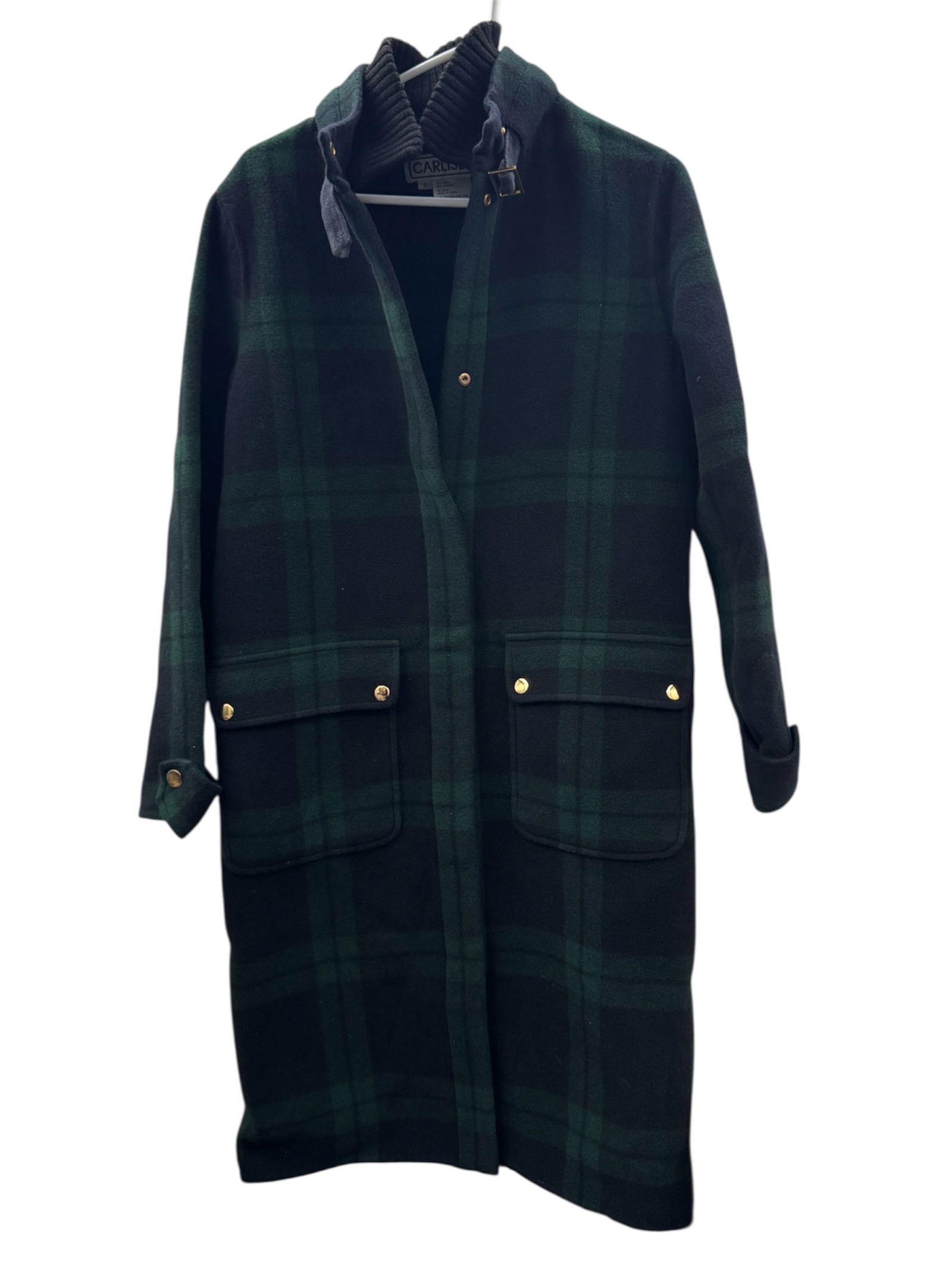 Carlisle Green Plaid Wool Blend Coat Size 2: A classic Carlisle long coat featuring a rich green and navy plaid pattern in a warm wool blend fabric. The coat is designed with a clean tailored silhouette and a full button front closure, accented