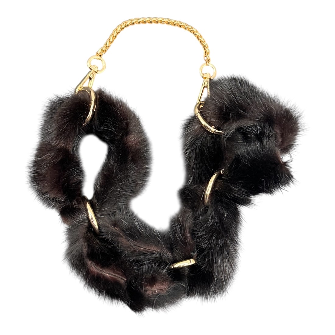 Louis Vuitton Link Ava Mink Fur Chain Necklace in Black: A luxurious Louis Vuitton Link Ava necklace crafted with plush black mink fur segments connected by polished gold tone links and chain. The design features soft mink fur sections arranged along a gold