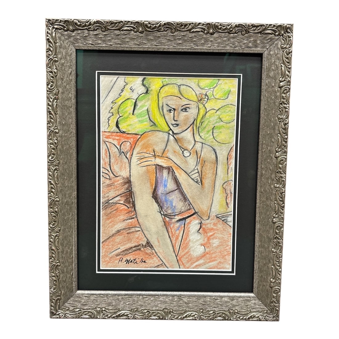 After Henri Matisse – Modernist Portrait of a Seated Woman, Colored Pencil / Pastel on Paper: DescriptionModernist portrait depicting a seated woman rendered in the style of Henri Ma