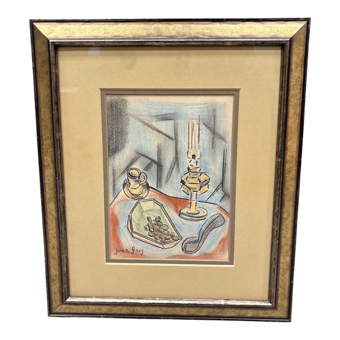 In the Style of Juan Gris Still Life Pencil Drawing: Description:Cubist-style still life drawing signed Juan Gris at lower left. The composition depicts a geometric tabletop arrangement including a lamp, cup, grapes in a faceted dish, and abstract
