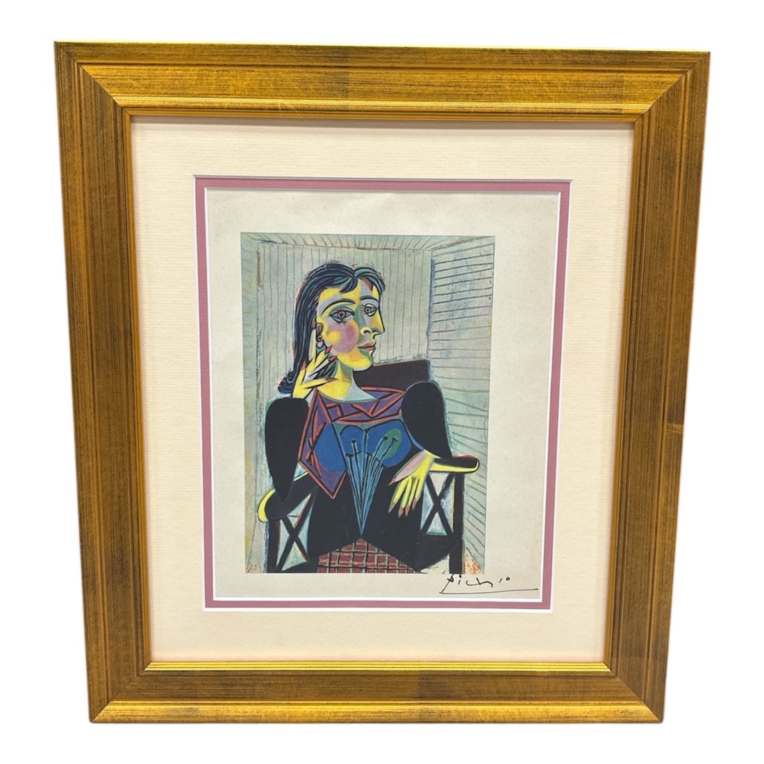 After Pablo Picasso – Cubist Style Portrait of a Woman, Signed, Framed: The Artwork:Offered for auction is a beautiful reproduction of one of Pablo Picasso’s most renowned Cubist masterpieces, the 1937 Portrait of Dora Maar. This piece captures the vibrant