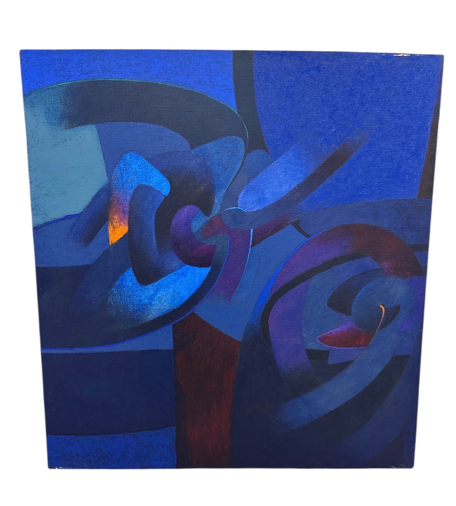 Milton Estrella Gavidia Abstract Blue Composition Painting: Abstract painting by Milton Estrella Gavidia featuring a dynamic arrangement of interlocking curved and angular forms rendered in rich blue tones with subtle accents of red and warm highlights. The co